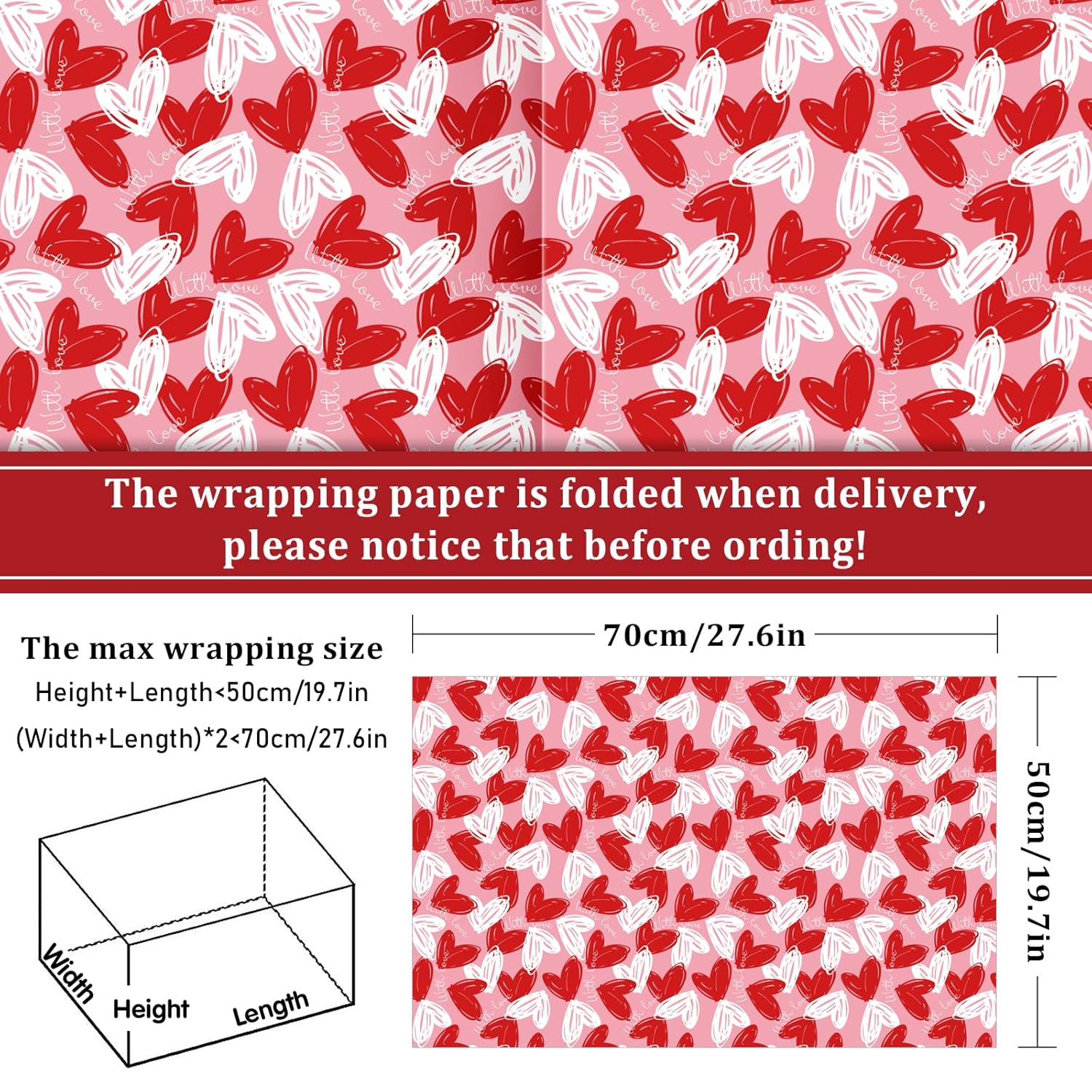 12 Sheet Valentine'S Day Love Heart Wrapping Paper Wedding Gift Wrap Paper Folded Flat Red Pink White Diy Craft Art Paper For Birthday Wedding Party Supplies, 19.7 X 27.6 Inch