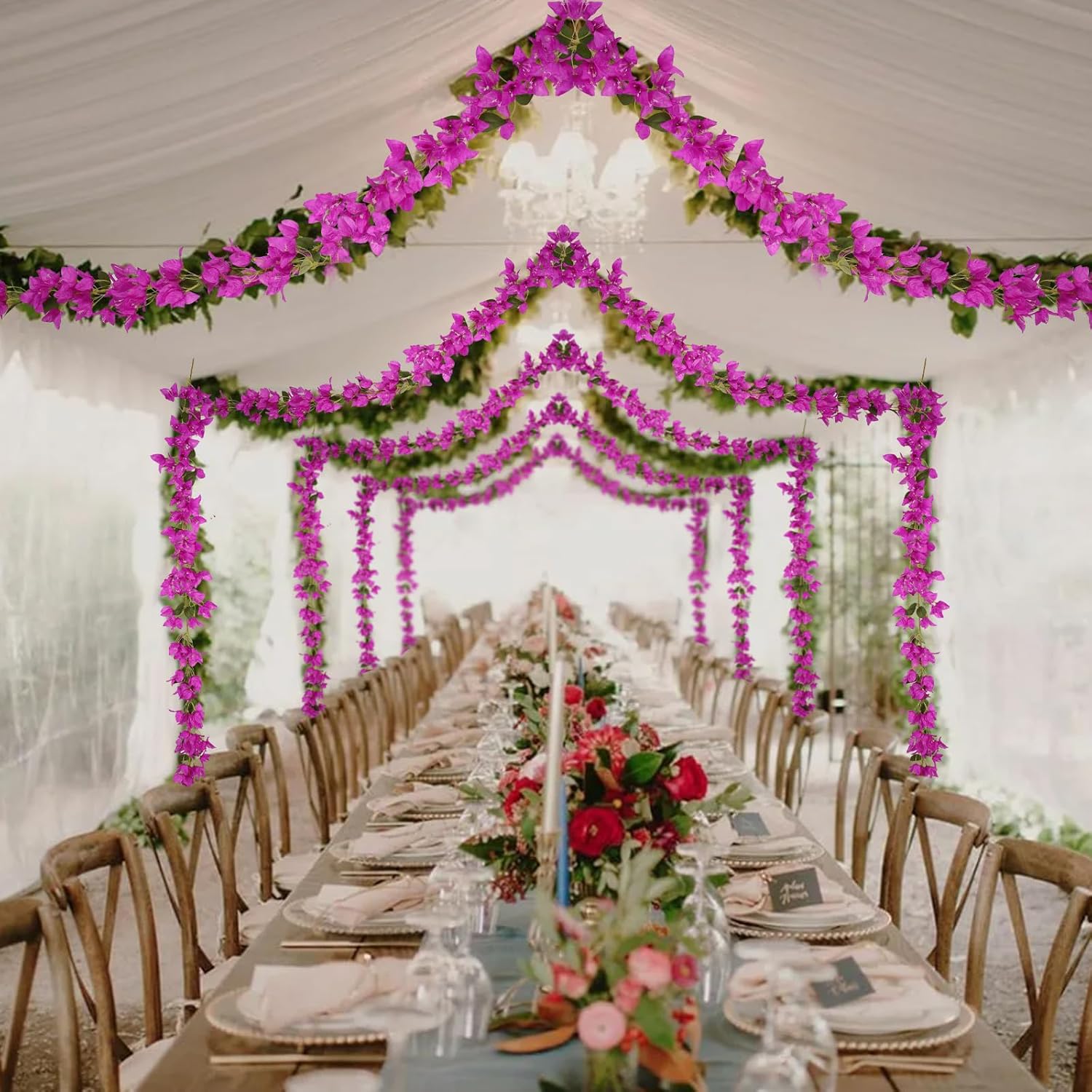 Bougainvillea Garland Artificial Flowers Vines 2Pcs 5.6Ft/Piece Fake Silk Bougainvillea Wreaths Outdoors Faux Plants Decor For Centerpieces Table Runner Wedding Arch Wall Decorations (Purple)