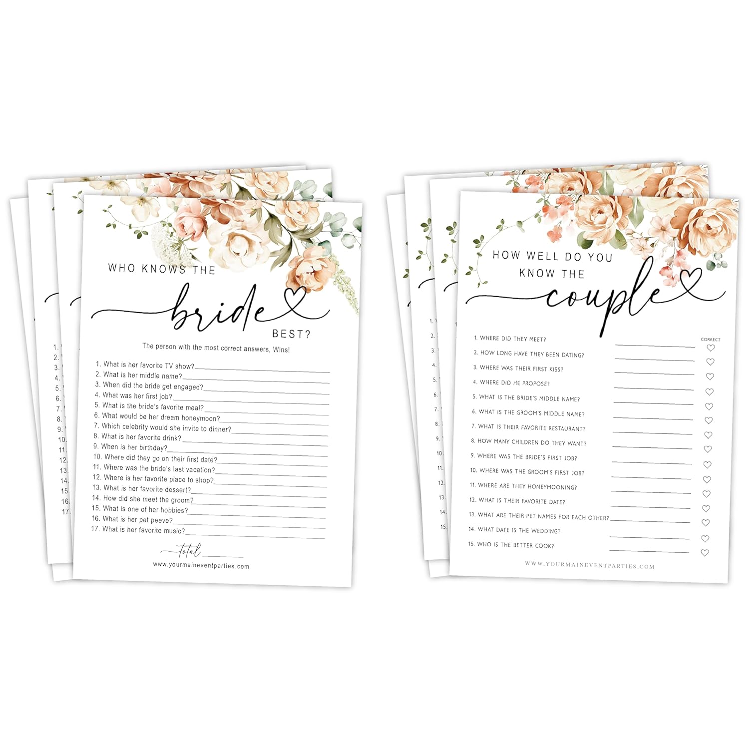 50 Pack Of Bridal Shower Games, How Well Do You Know The Couple And Who Knows The Bride Best, Floral Modern Minimalistic Design.