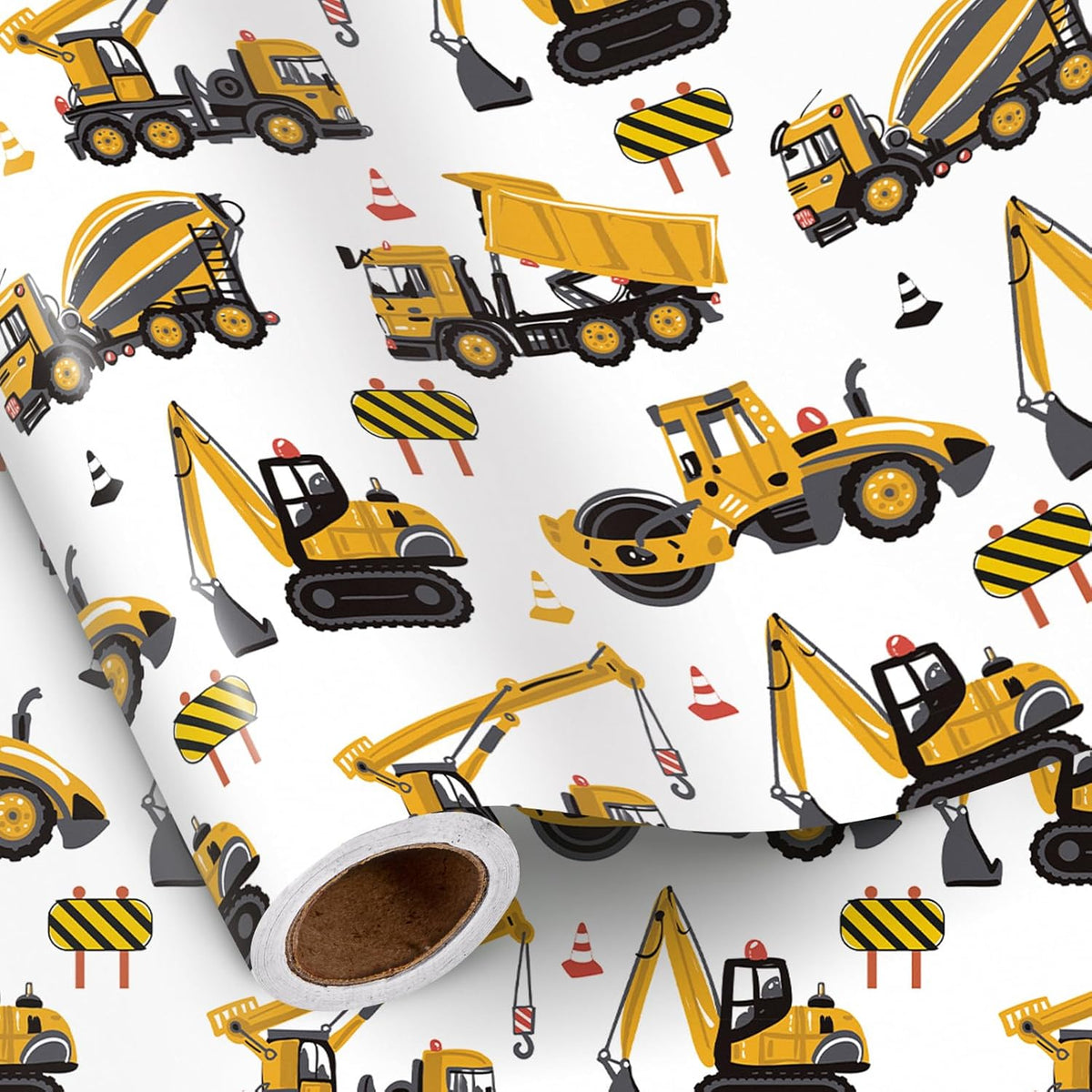 Construction Truck Wrapping Paper Roll For Boys, Mini Roll, Yellow Digger, Mixer, Crane Design Gift Wrap For Kids Birthday, Toddler Party, Vehicle Theme Party, 17 Inches X 16.4 Feet