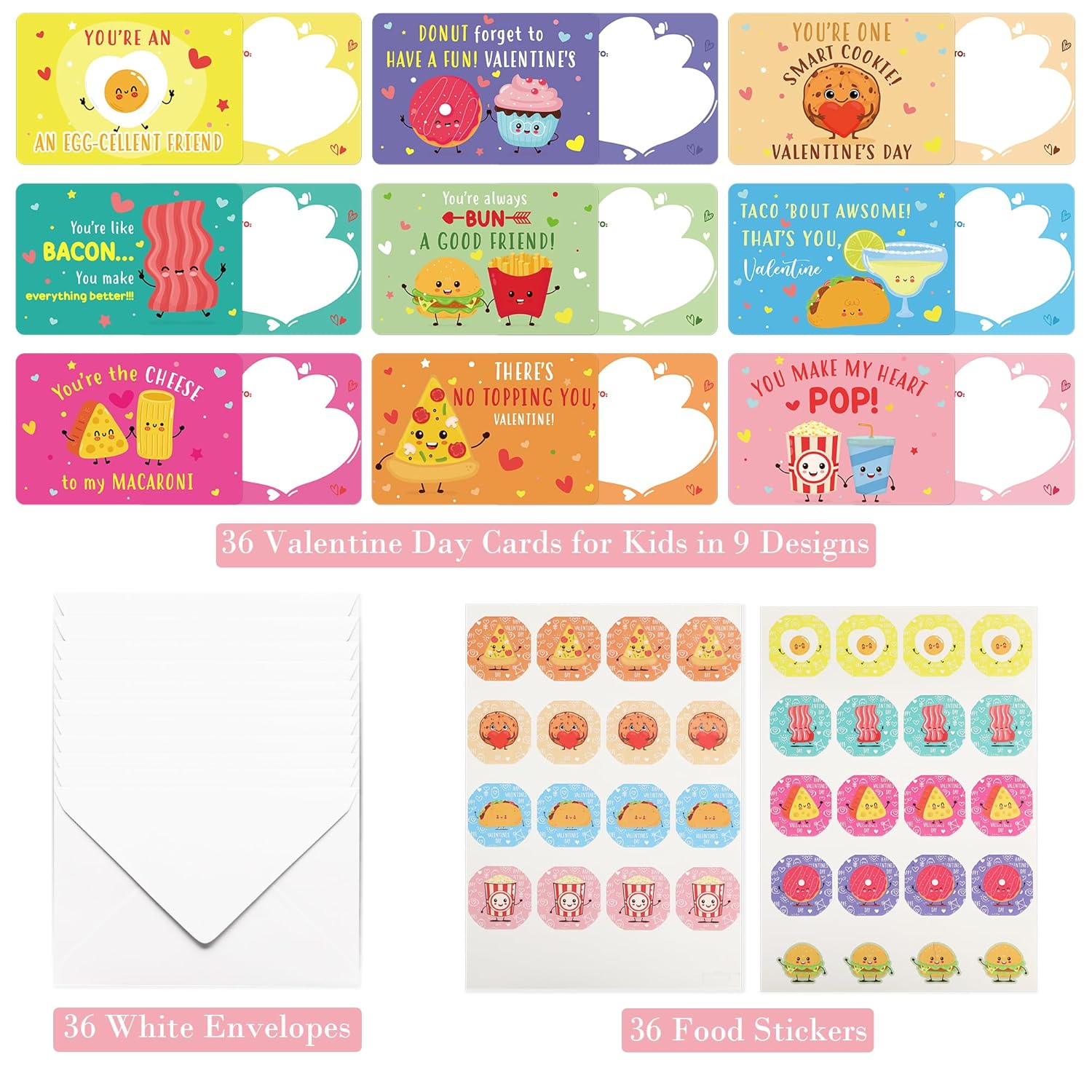 Valentines Day Cards For Kids Classroom, 36 Pcs Funny Food Exchange School Set With Stickers, Cute Snack Dessert Valentine Day Card Gifts For Kids Class Party Supplies
