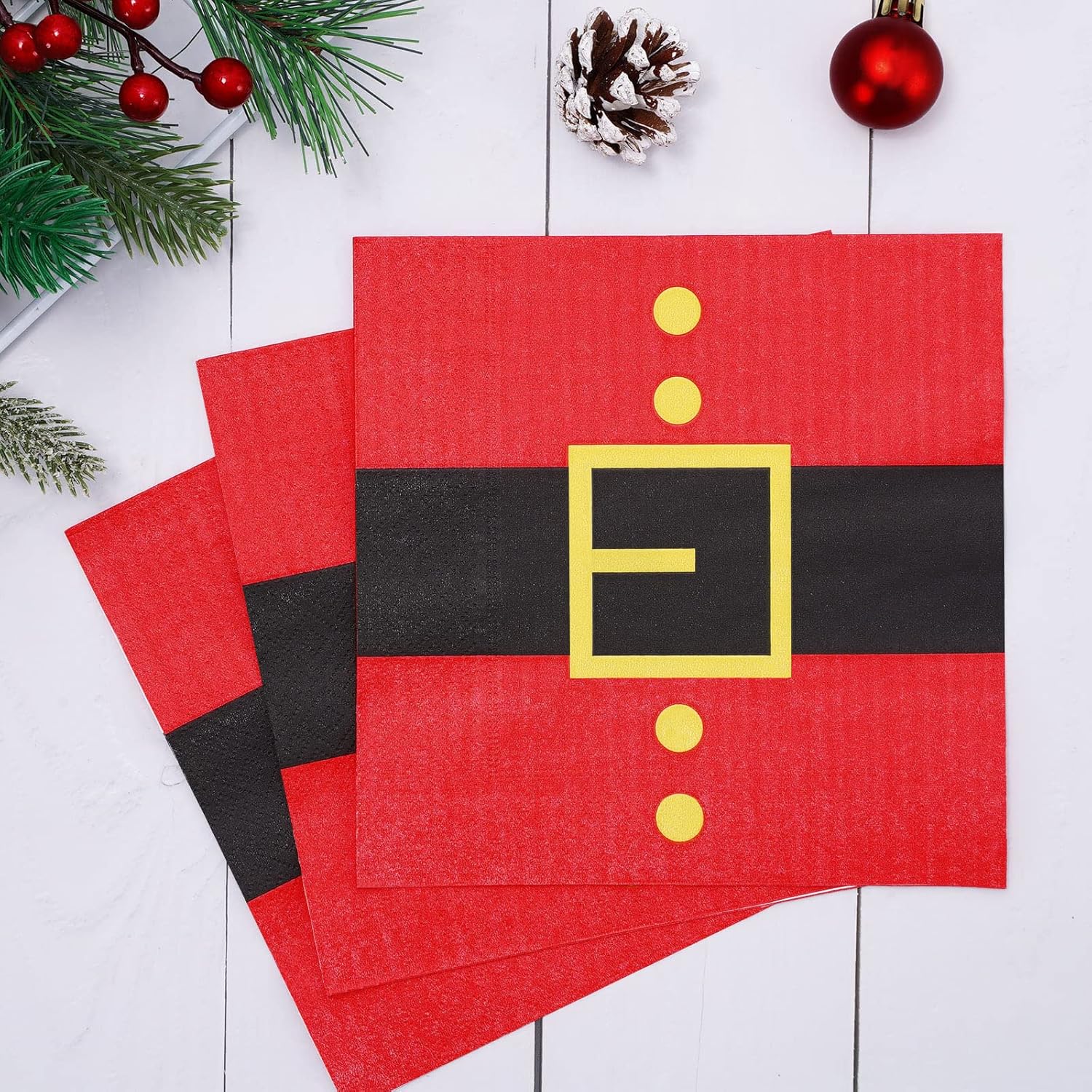 80 Pack Christmas Napkins 6.5 X 6.5 Inch Santa'S Belt Disposable Napkins Merry Christmas Dinner Napkins Holiday Paper Napkins For Xmas Winter Birthday Party Supplies Table Decoration