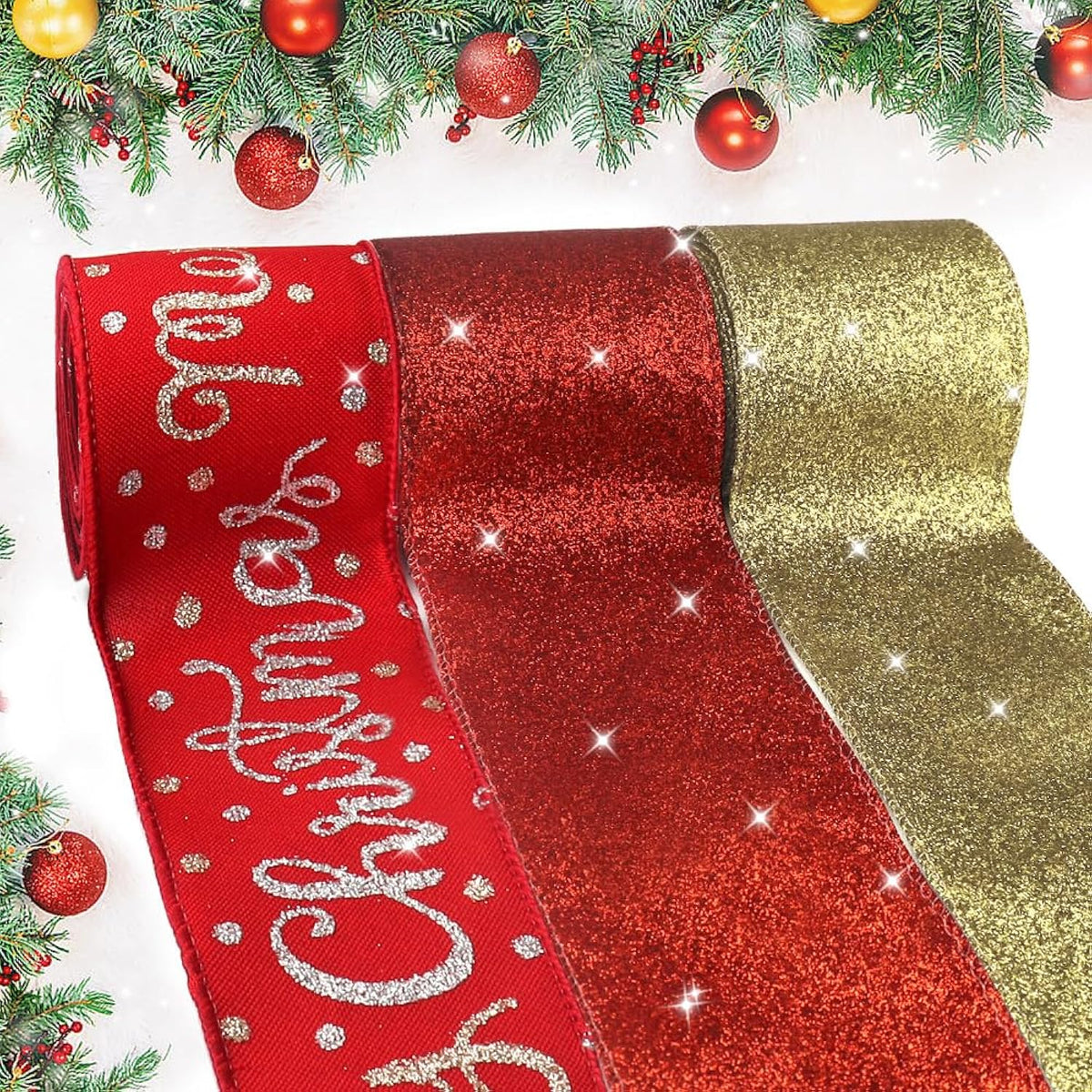 3 Rolls Merry Christmas Wired Edge Ribbons For Wreath Bows Crafting, Xmas Glitter Red Golden Winter Holiday Craft Ribbons For Gift Wrapping, Party Decorations, Ornaments