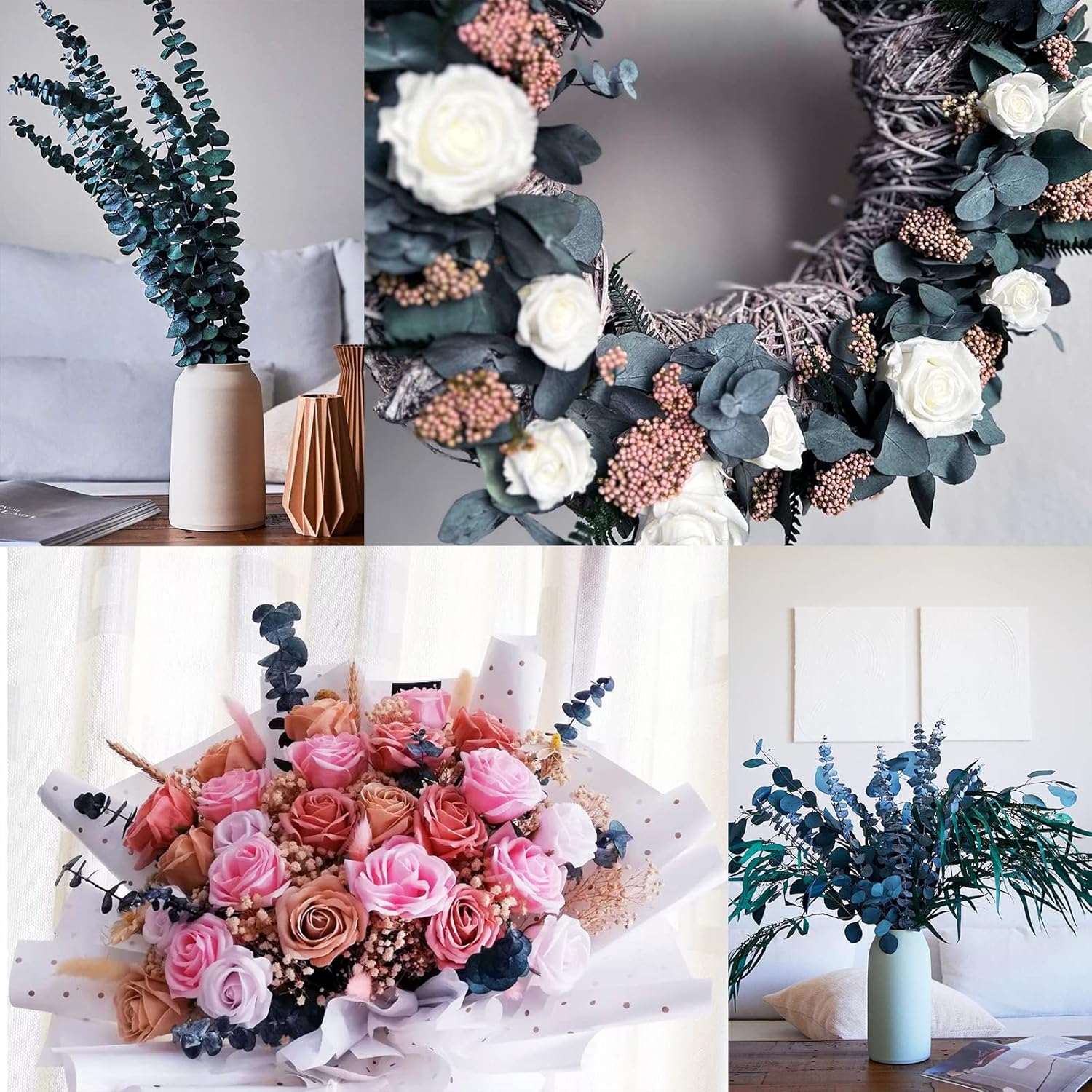 Preserved-Dried-Eucalyptus-Stems,16-17" Natural Blue-Green Eucalyptu Plant Live Fresh, Real Eucalyptus Branches Leaves For Shower Spa, Blue Dried Flowers For Vase Fillers, Home Decor & Wedding (16Pcs)