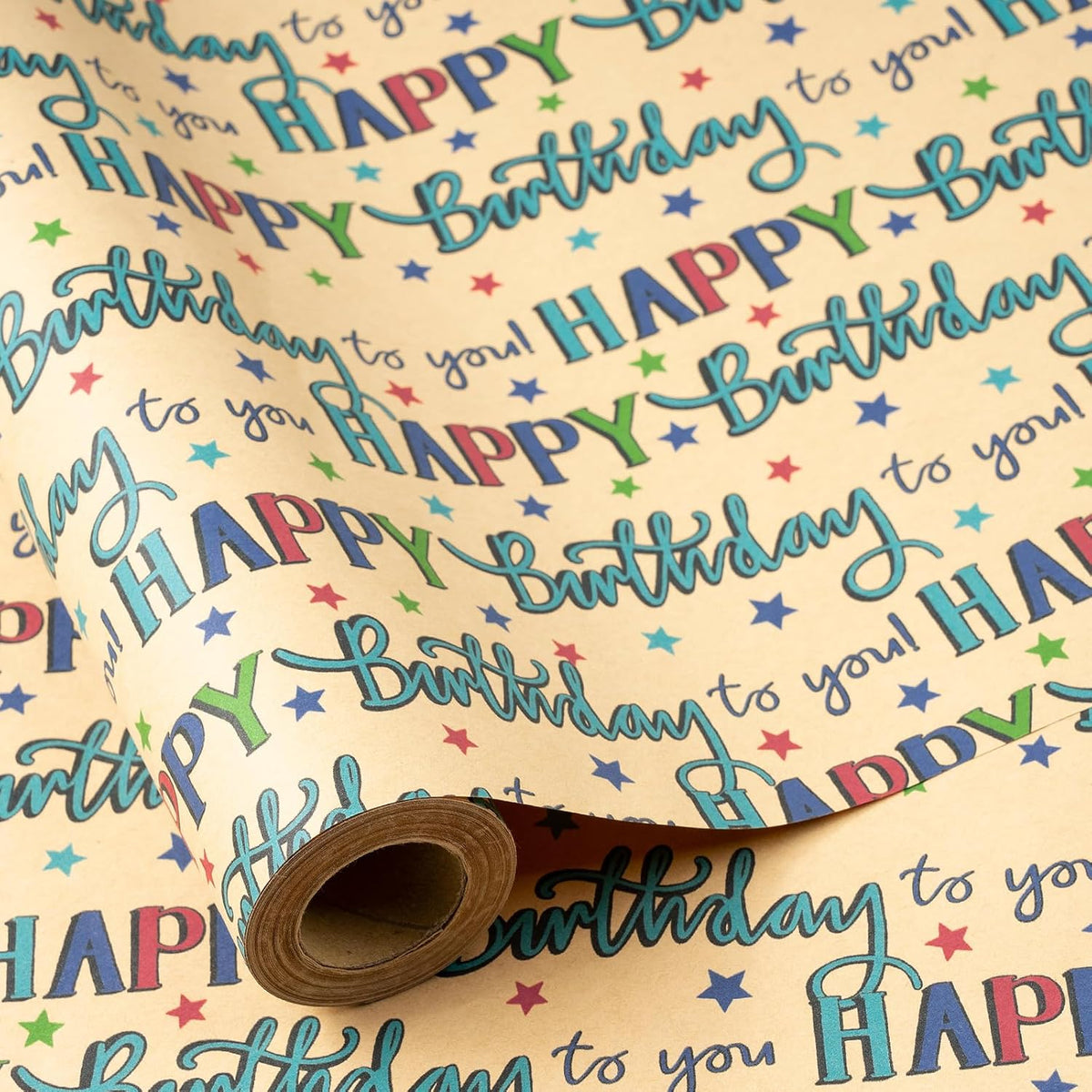 Birthday Wrapping Paper Roll, Mini Roll, Colorful Happy Birthday Lettering And Star Design, Blue Kraft Gift Wrap Paper For Boys, Girls, Men And Women, 17 Inches X 16.4 Feet