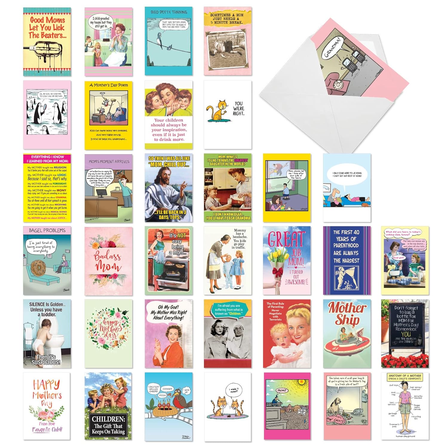 - 36 Assorted Funny Mother'S Day Greeting Cards Bulk Box Set W/ 5 X 7 Inch Envelopes, Humor For Mum, Daughter, Sister, Stepmother (36 Designs, 1 Each) Top Moms Ac10242Mdg-B1X36