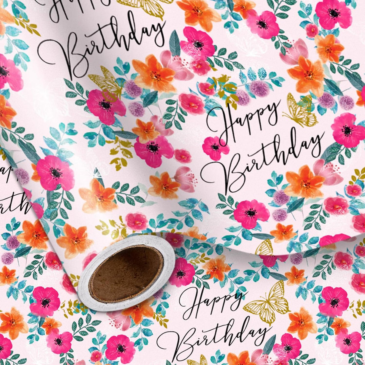Happy Birthday Wrapping Paper Roll For Girls Women, Pink Floral & Butterfly, Birthday Party Gift Wrap For Girl, Women, Female, Mini Roll, 17 In X 32.8 Ft