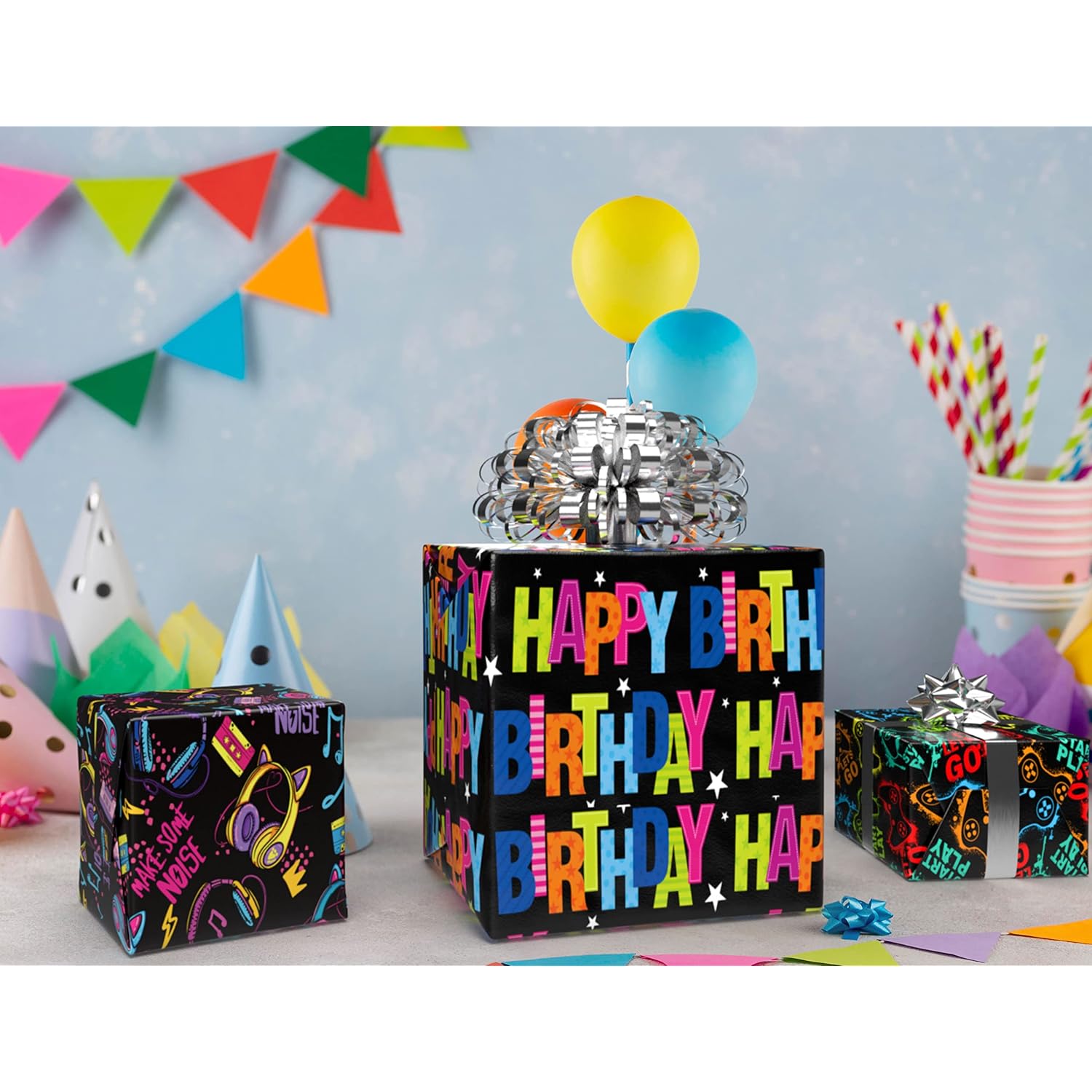 Gaming Birthday Wrapping Paper For Boys Girls Kids Baby Shower,Black Gift Wrapping Paper With Colorful Gamepad, Pink Headphones, Happy Birthday, Easy To Store, Not Rolled.