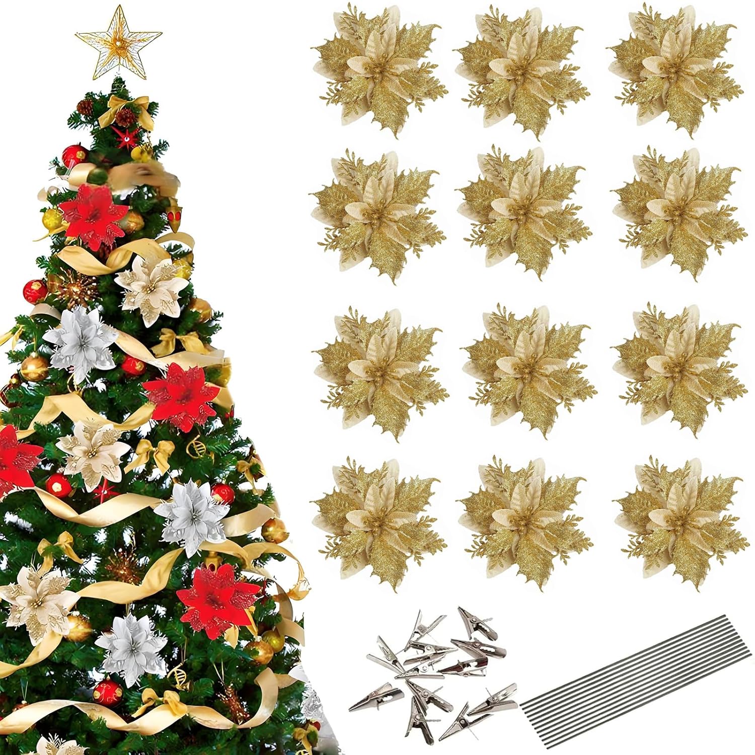 12 Pcs Gold Poinsettia Flower Artificial Poinsettias With Clips, Xmas Flower Decor With Stems, Glitter Poinsettia Christmas Ornaments, Diy Xmas Wreath Christmas Tree Decorations Home Party Decors