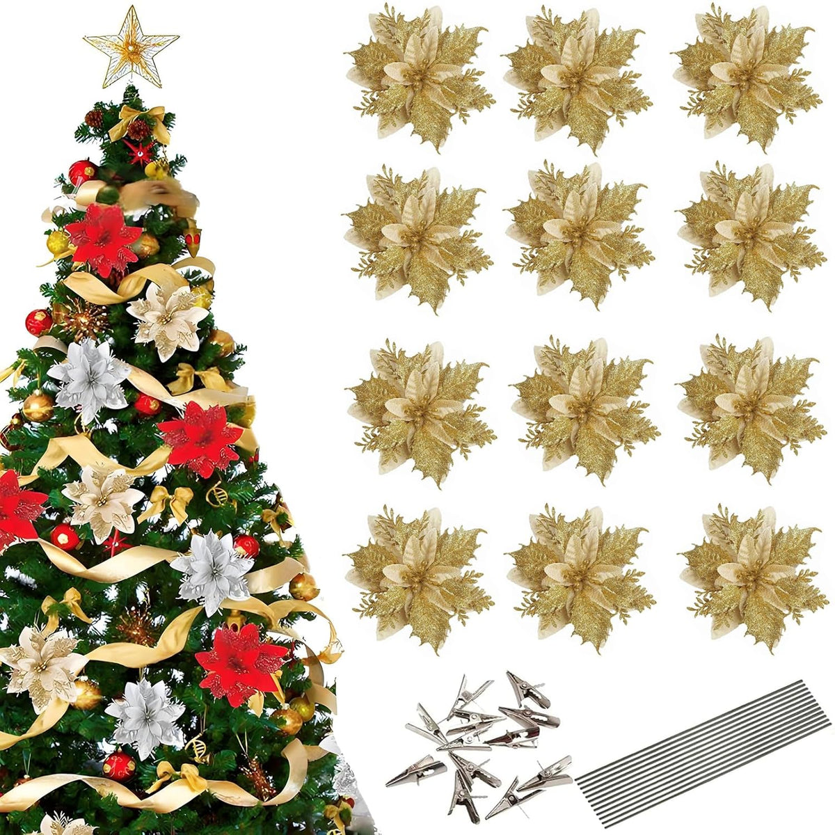 12 Pcs Gold Poinsettia Flower Artificial Poinsettias With Clips, Xmas Flower Decor With Stems, Glitter Poinsettia Christmas Ornaments, Diy Xmas Wreath Christmas Tree Decorations Home Party Decors