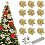 12 Pcs Gold Poinsettia Flower Artificial Poinsettias With Clips, Xmas Flower Decor With Stems, Glitter Poinsettia Christmas Ornaments, Diy Xmas Wreath Christmas Tree Decorations Home Party Decors