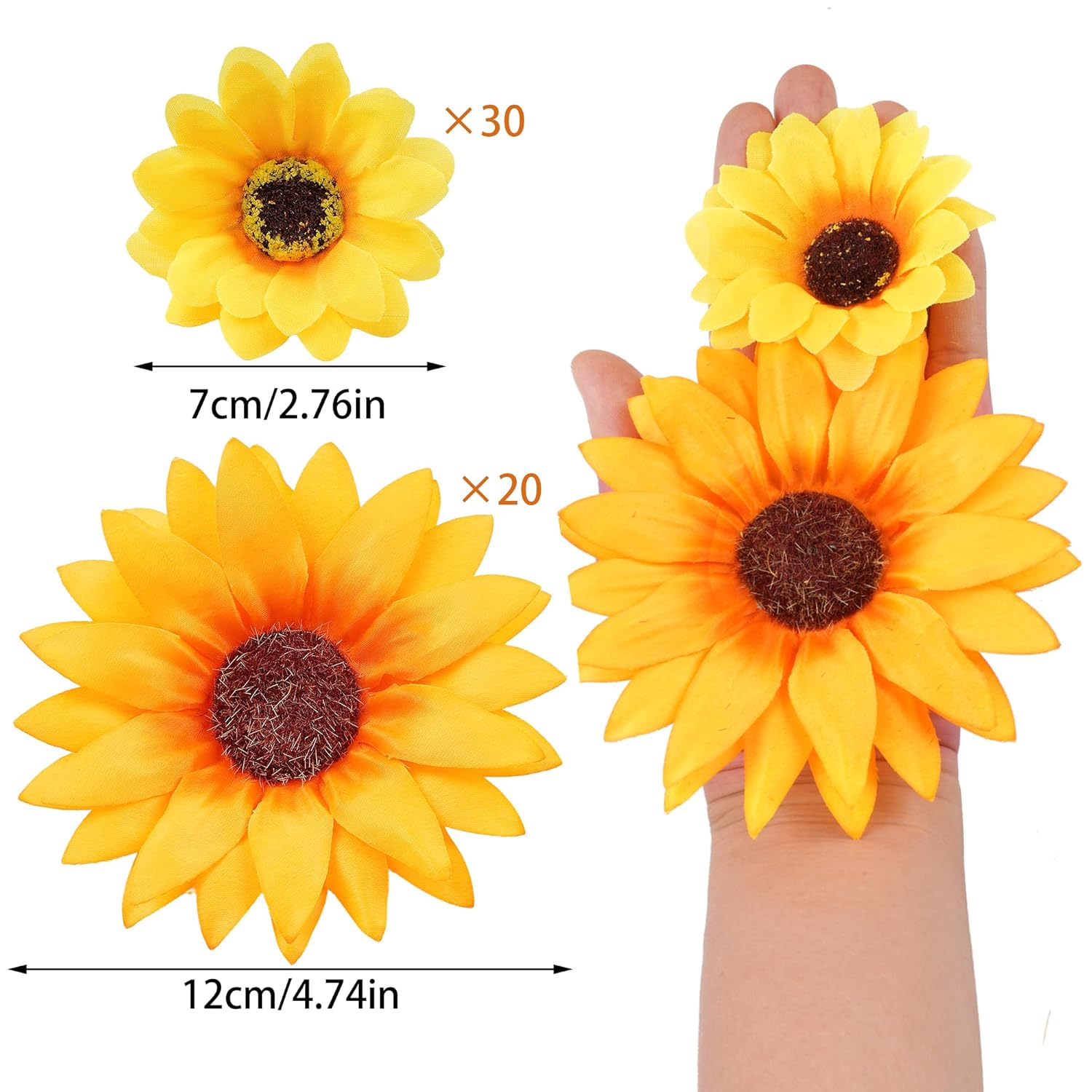 50Pcs Artificial Sunflowers Flowers Yellow Fake Silk Sunflower Heads Decorations For Graduation Cap Home Tables Wedding Baby Shower Diy Craft Party Decor