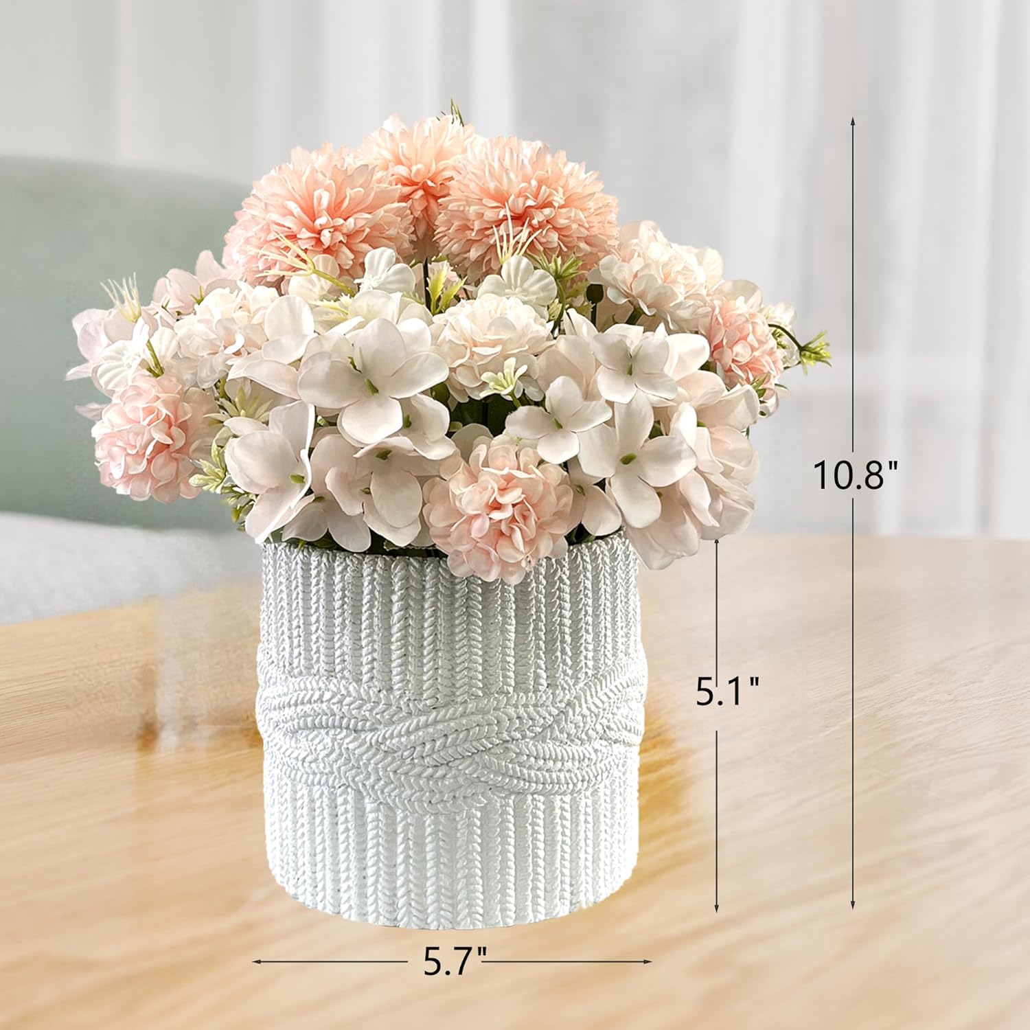 Artificial Flower Arrangements With Polyresin Vase 11’’ Height, Champagne Silk Hydrangea Flower Combination In White Plant Pot Table Centerpieces For Home Decoration
