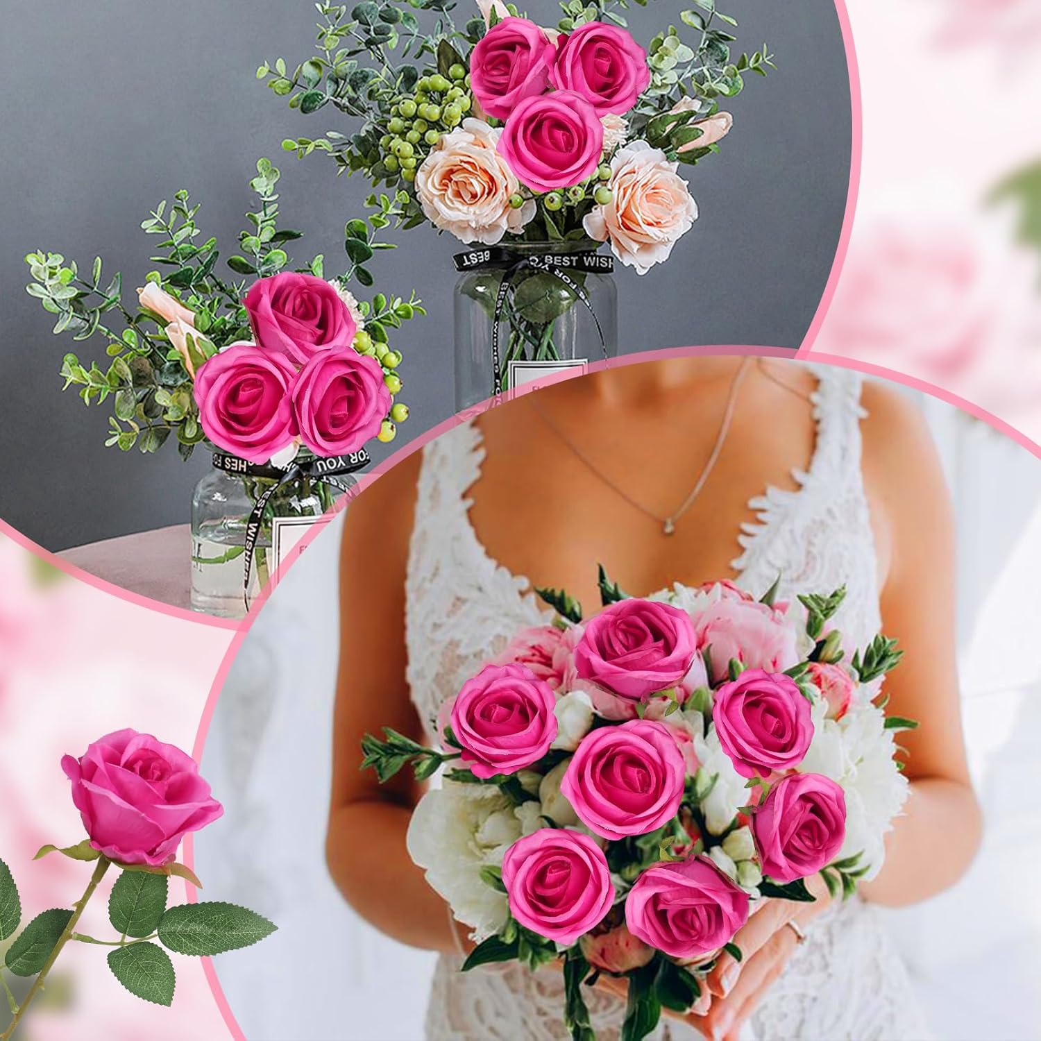 25Pcs Elegant Rayon Hot Pink Rose Bouquet - Long-Stemmed Roses For Weddings, Parties, Home Decoration, Photo Decoration, And High Vase Filling