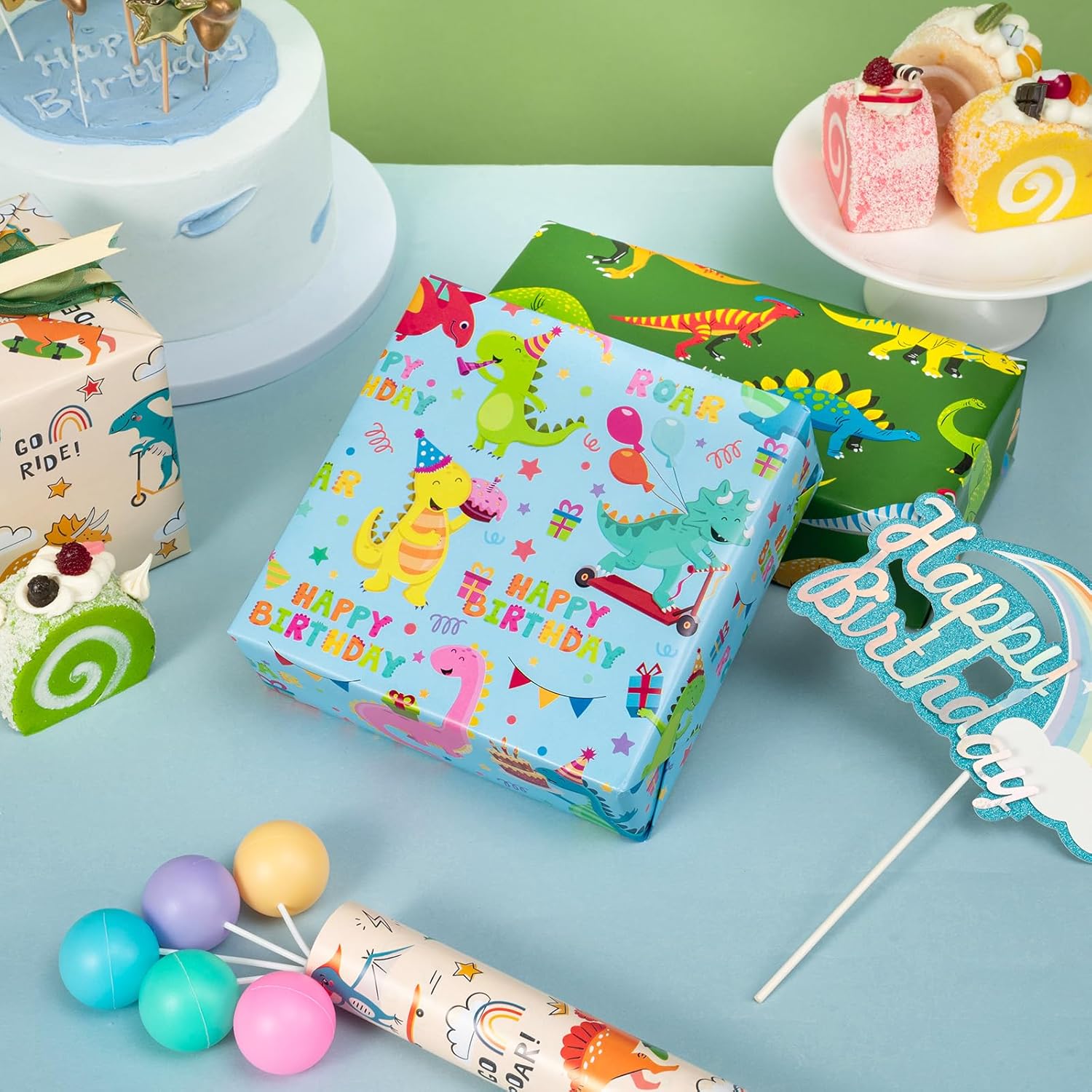 Dinosaur Wrapping Paper Roll - 3 Short Roll - Dinosaur Happy Birthday Wrapping Paper For Kids Boys Birthday, Dinosaur Party Favor - 17 Inch X 120 Inch Per Roll