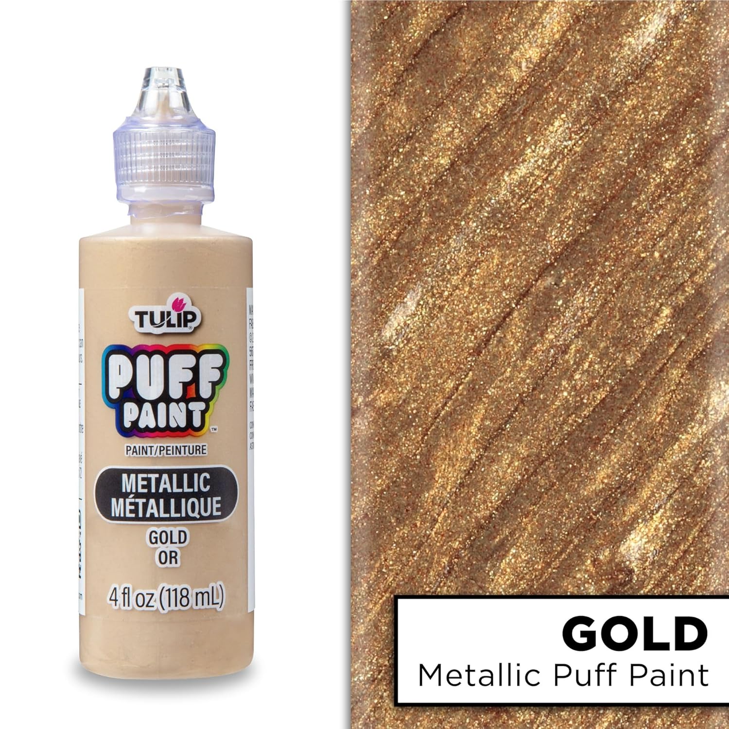 Tulip Puff Fabric Paint Metallic Finish, Permanent Craft Paint for Clothes, DIY Projects, Notoxic, 4 fl oz 3-Pack, Metallic Gold
