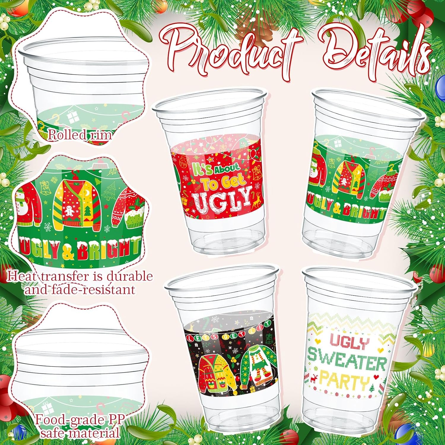 100 Pcs 12 Oz Christmas Ugly Sweater Plastic Cups With Straws Christmas Disposable Plastic Cups Winter Xmas Holiday Party Cup Bulk For Merry Christmas Party Supplies Xmas Party Decorations