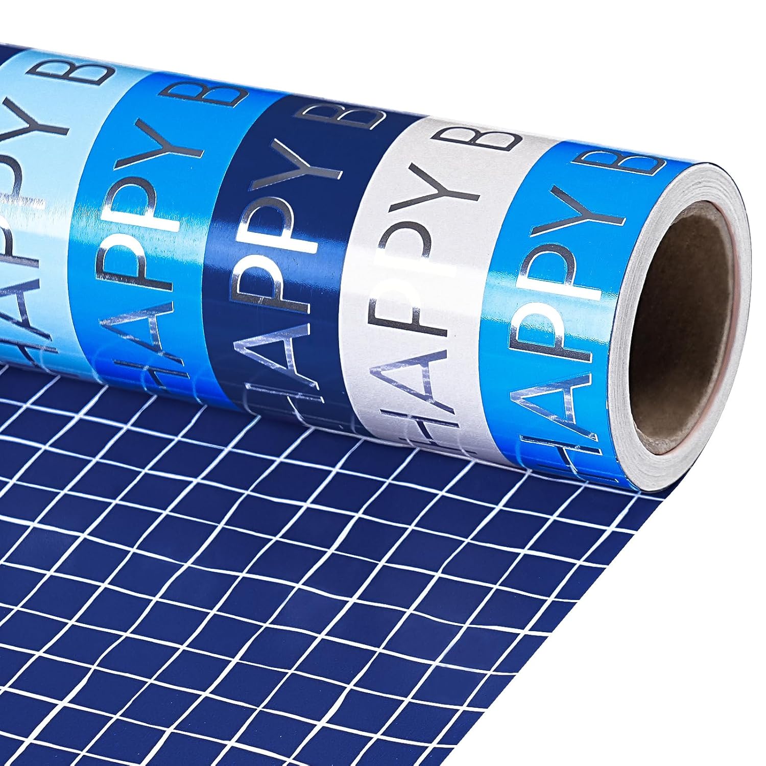Reversible Wrapping Paper Roll For Men Women, Mini Roll, Happy Birthday And Plaid Pattern Gift Wrap Paper Great For Birthday, Party, Baby Shower, 17.5 Inches X 32.8 Feet