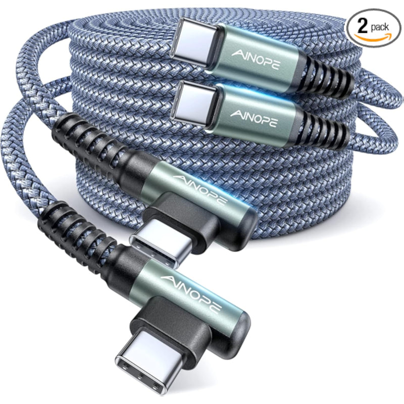 2-Pack 6.6ft 60W USB C to C Cable, Right Angle Nylon Fast Charger for iPhone/Samsung