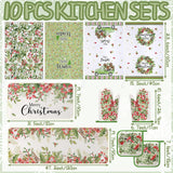 10 Pcs Winter Kitchen Decor Set Kitchen Towels And Rugs Oven Mitts Pot Holders Green Leaf Wreath Towels For Baking Cooking Bbq Gifts Home Decor