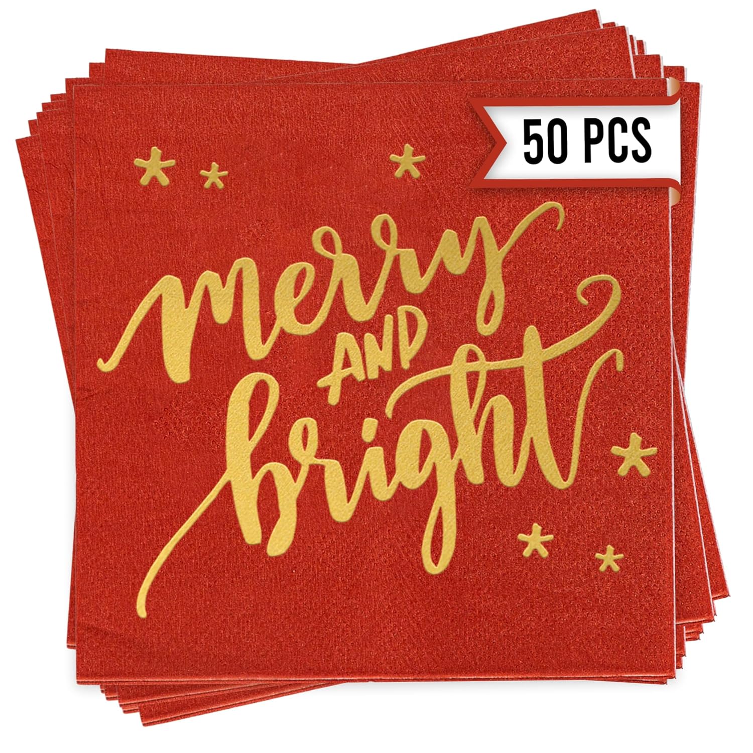 Merry And Bright Christmas Napkins 50 Pcs - Gold Foil Christmas Cocktail Napkins Paper, Christmas Paper Napkins, Christmas Dinner Napkins, Holiday Cocktail Napkins, Merry And Bright Christmas Decor