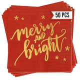 Merry And Bright Christmas Napkins 50 Pcs - Gold Foil Christmas Cocktail Napkins Paper, Christmas Paper Napkins, Christmas Dinner Napkins, Holiday Cocktail Napkins, Merry And Bright Christmas Decor