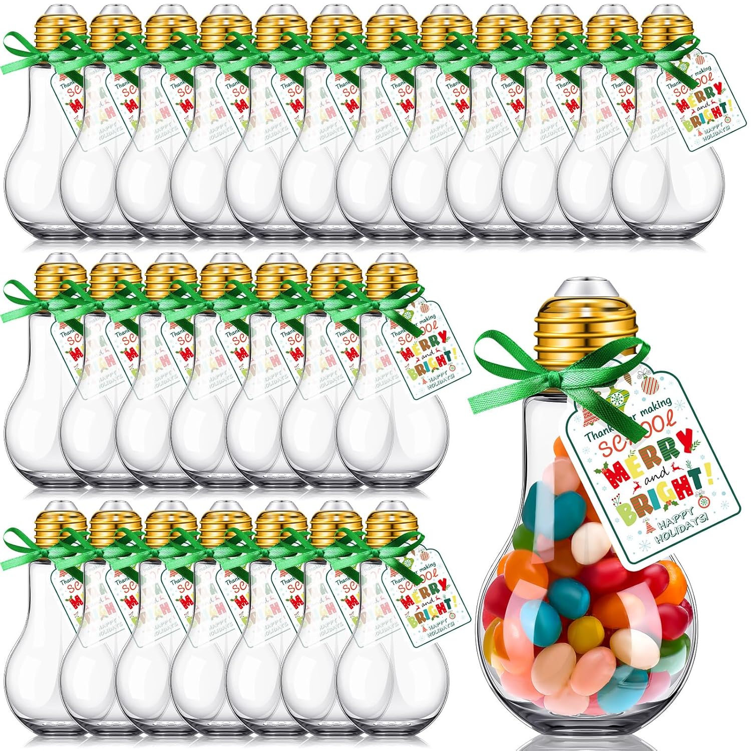 36 Set Christmas Candy Containers Fillable Light Bulb Ornaments 100 Ml Clear Plastic Candy Containers Reusable Candy Jars With Happy Holiday Cards Christmas Gifts Bulk For Xmas Party Crafts