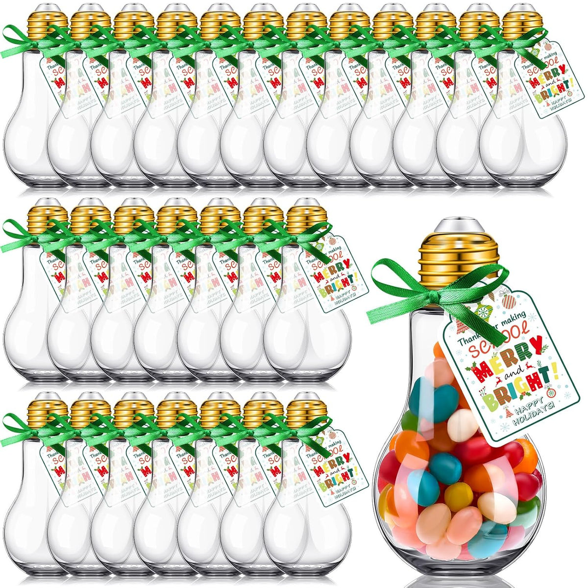 36 Set Christmas Candy Containers Fillable Light Bulb Ornaments 100 Ml Clear Plastic Candy Containers Reusable Candy Jars With Happy Holiday Cards Christmas Gifts Bulk For Xmas Party Crafts