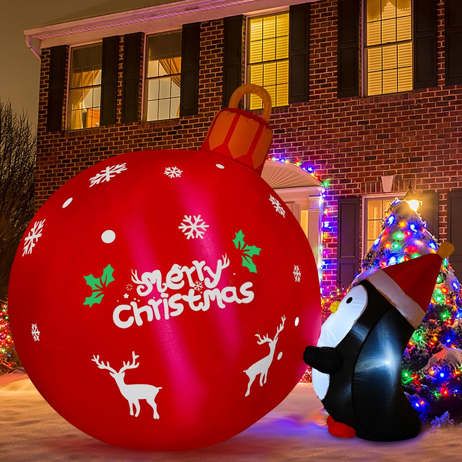 4Ft Christmas Inflatables Outdoor Decorations Inflatable Penguins Push Christmas Bell With Build-In Leds Blow Up Holiday