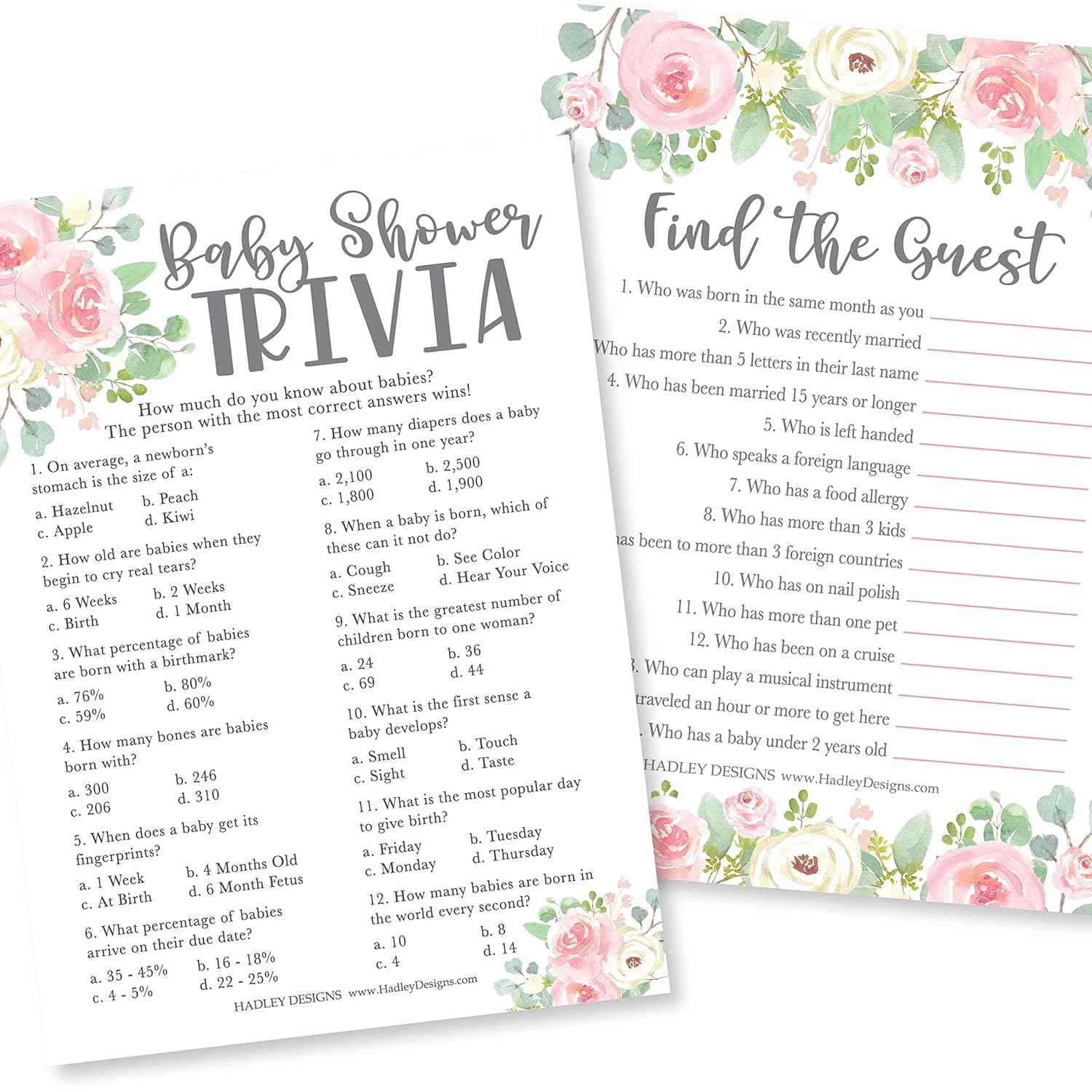 Baby Shower Games For 25 Guests - Floral Pink Girl Baby Shower Trivia Game, Find The Guest Babyshower Game Girl, Gender Reveal Trivia Games, Made In Usa