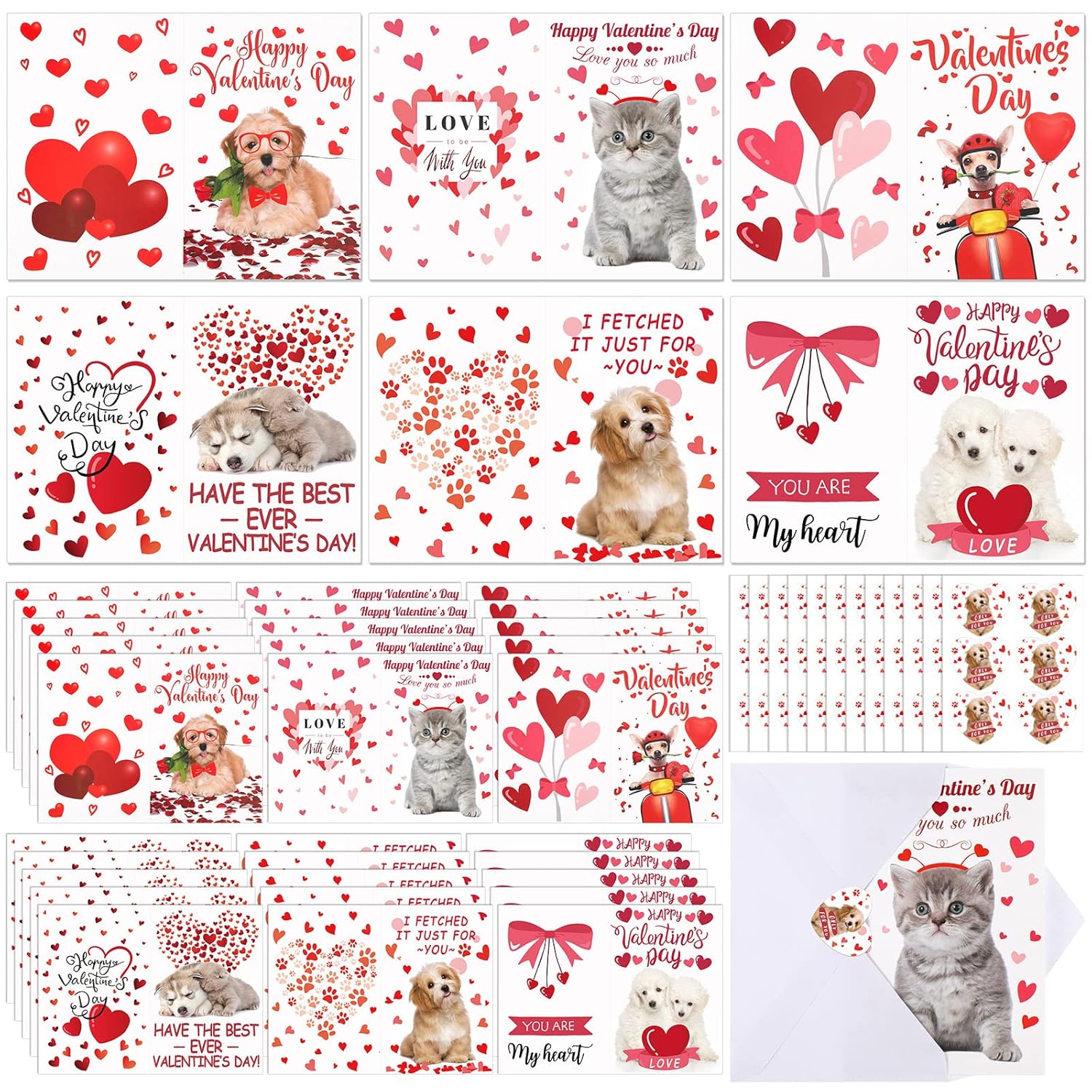 72 Sets Valentines Cards For Kids, Puppy Kitten Cards And Stickers Assortment Hearts Valentines Card With Envelopes For Kids Adults Teacher Classroom School Party Greeting Gifts