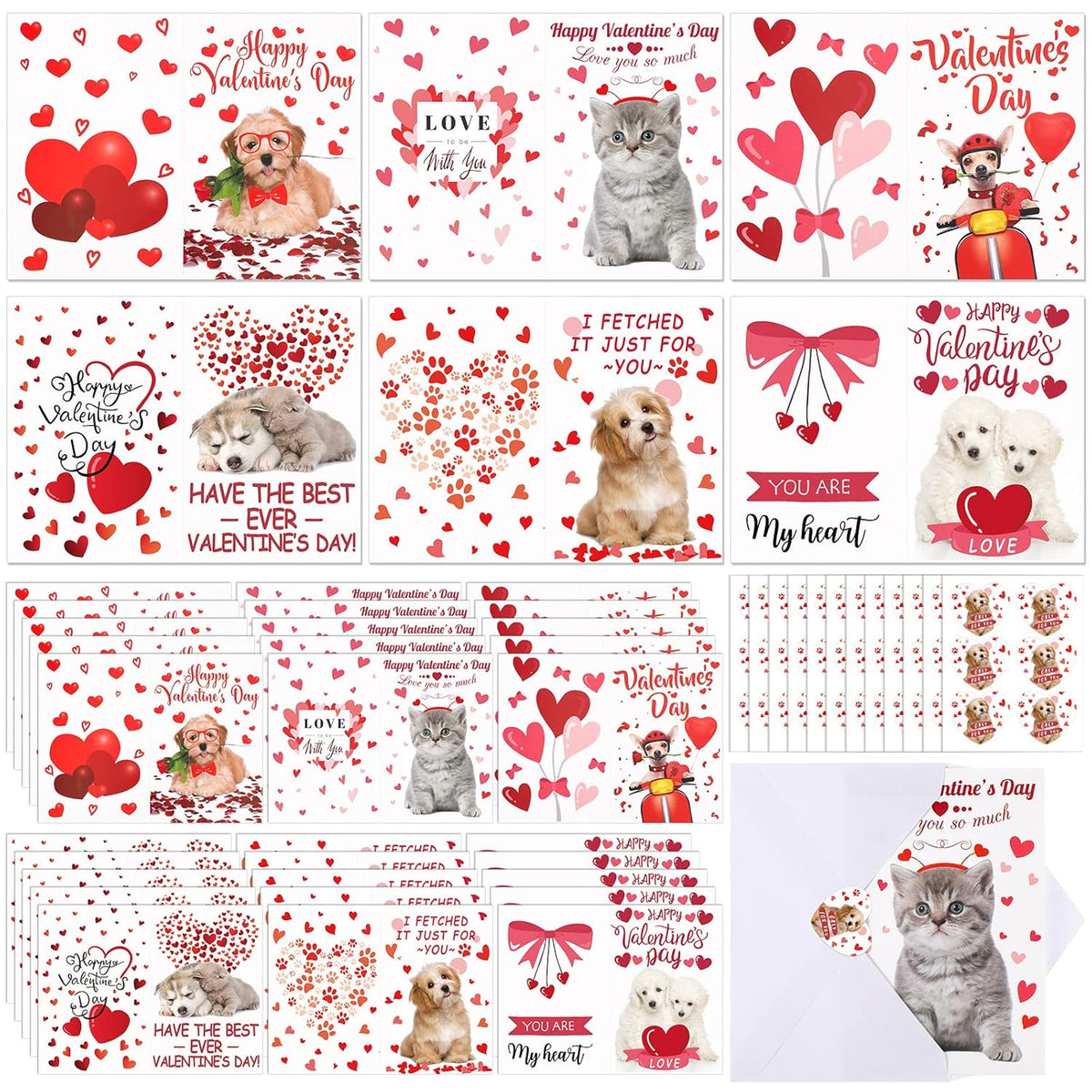72 Sets Valentines Cards For Kids, Puppy Kitten Cards And Stickers Assortment Hearts Valentines Card With Envelopes For Kids Adults Teacher Classroom School Party Greeting Gifts