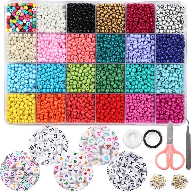 7200Pcs 4Mm Glass Seed Beads For Bracelets Making Kit 300Pcs Alphabet