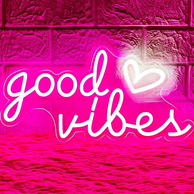 Good Vibes Neon Sign Pink Heart LED Wall Light USB Powered for Bedroom Game Room Decor