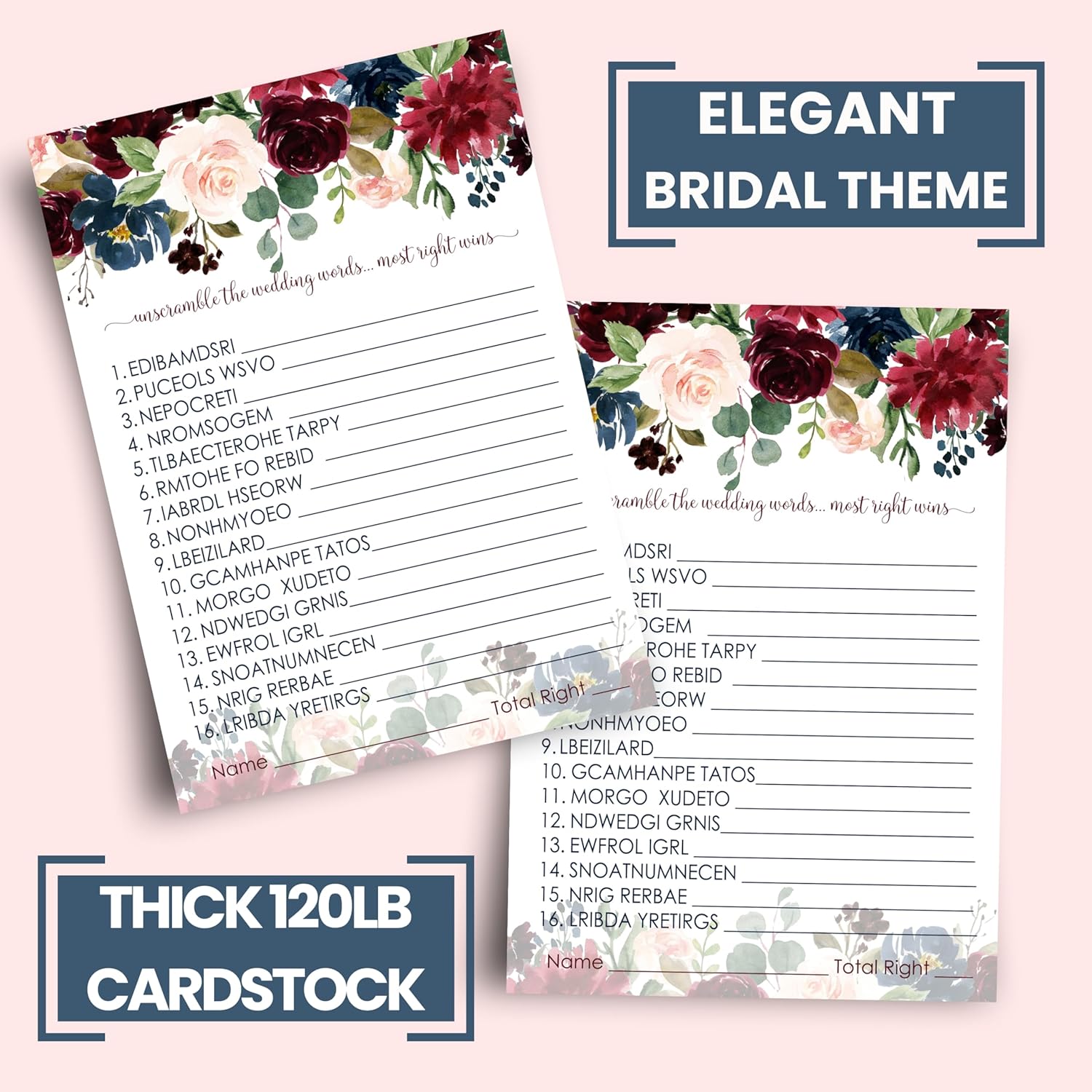 Blue Floral Bridal Shower Games - 25 Cards - Wedding Word Scramble Game - Fun Guessing Activity For Guests - Engagement Parties & Rehearsal Dinners - Burgundy And Gold Greenery Design
