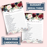 Blue Floral Bridal Shower Games - 25 Cards - Wedding Word Scramble Game - Fun Guessing Activity For Guests - Engagement Parties & Rehearsal Dinners - Burgundy And Gold Greenery Design