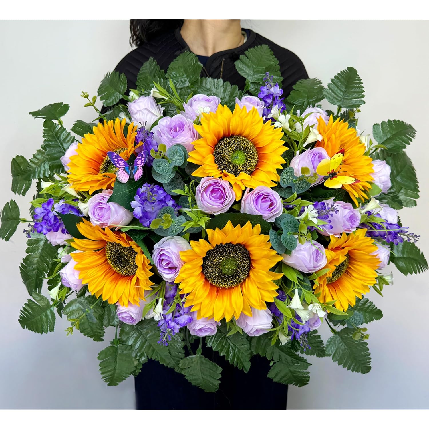 Artificial Cemetery Flowers Saddle - Memorial Flowers Bouquet - Outdoor Grave Decorations,Sympathy Flower - Rose Sunflower Hyacinth