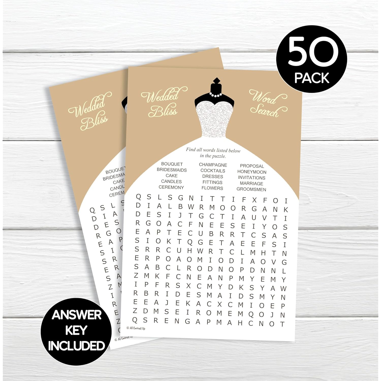Wedding Word Find/Search Game - Bridal Shower - Champagne Silver Wedding Dress (50-Sheets)