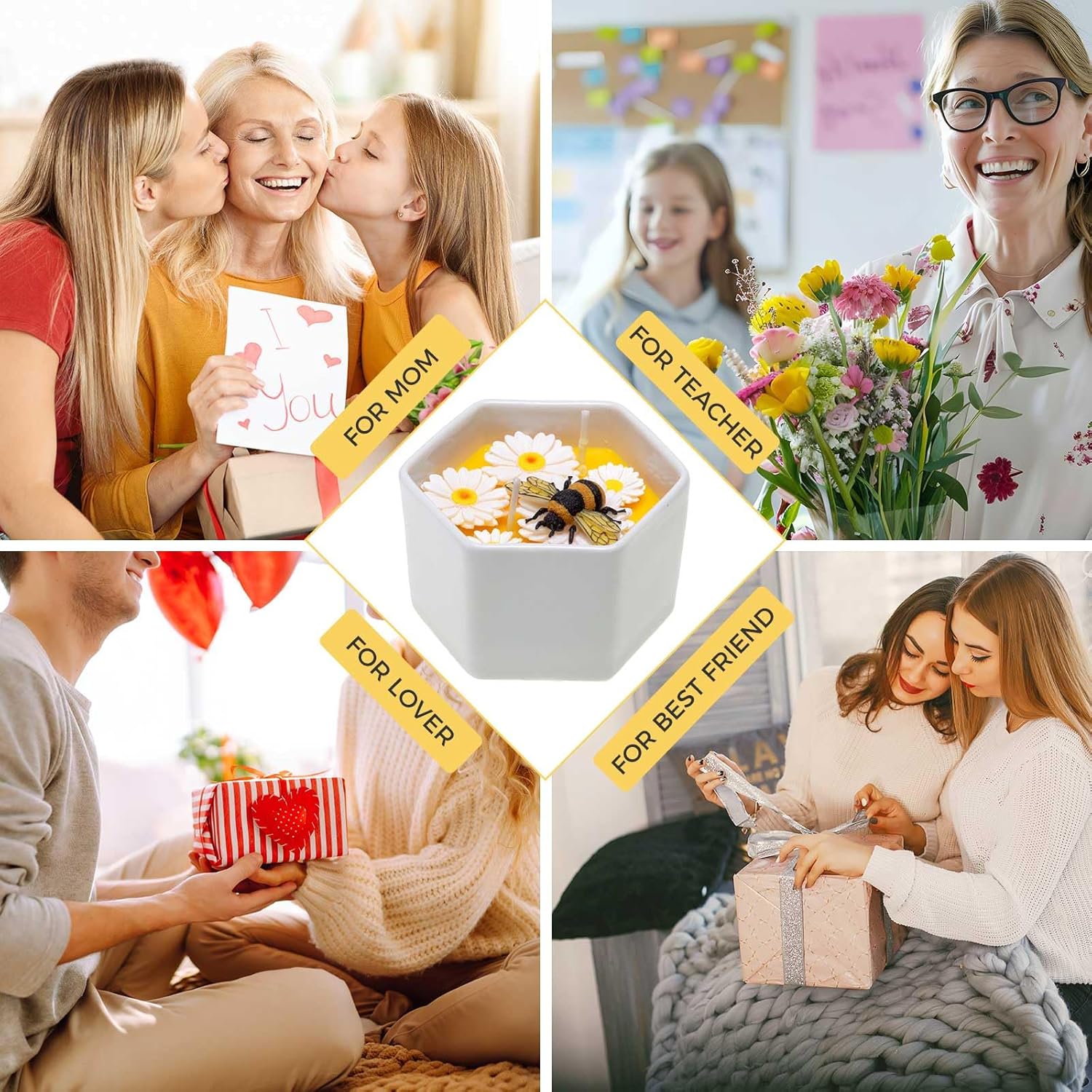 Bee And Daisy Candle – Pure Beeswax Candles For Home Scented, 5.6Oz Vanilla & Honey Candle, Cute Bee Gifts For Women, Teacher Appreciation Gift, Thank You Gift For Her