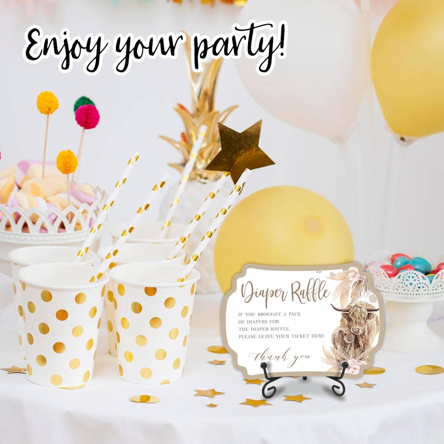 Diaper Party Game Set - Boho Cow - 50 Pcs Diaper Raffle Tickets,1 Wooden Sign & 1 Iron Stand, Gender Neutral Baby Shower Game Kit For Newborn, Party Favor - A06