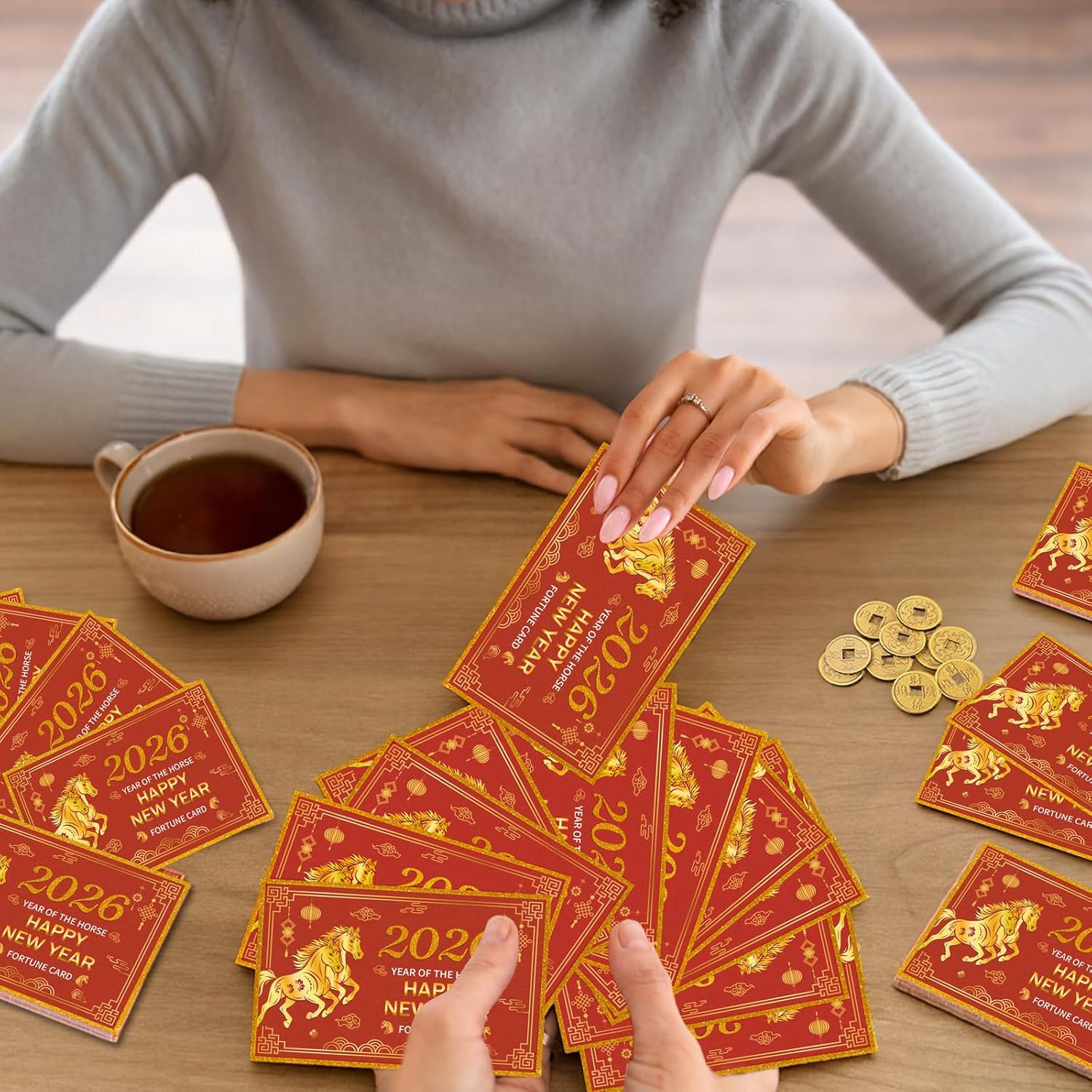 100 Pcs Chinese New Year 2026 Scratch Off Fortune Cards - Lunar Years Horse Designs With 50Pcs Wooden Coins For Adult Party Games Gifts Favors Supplies