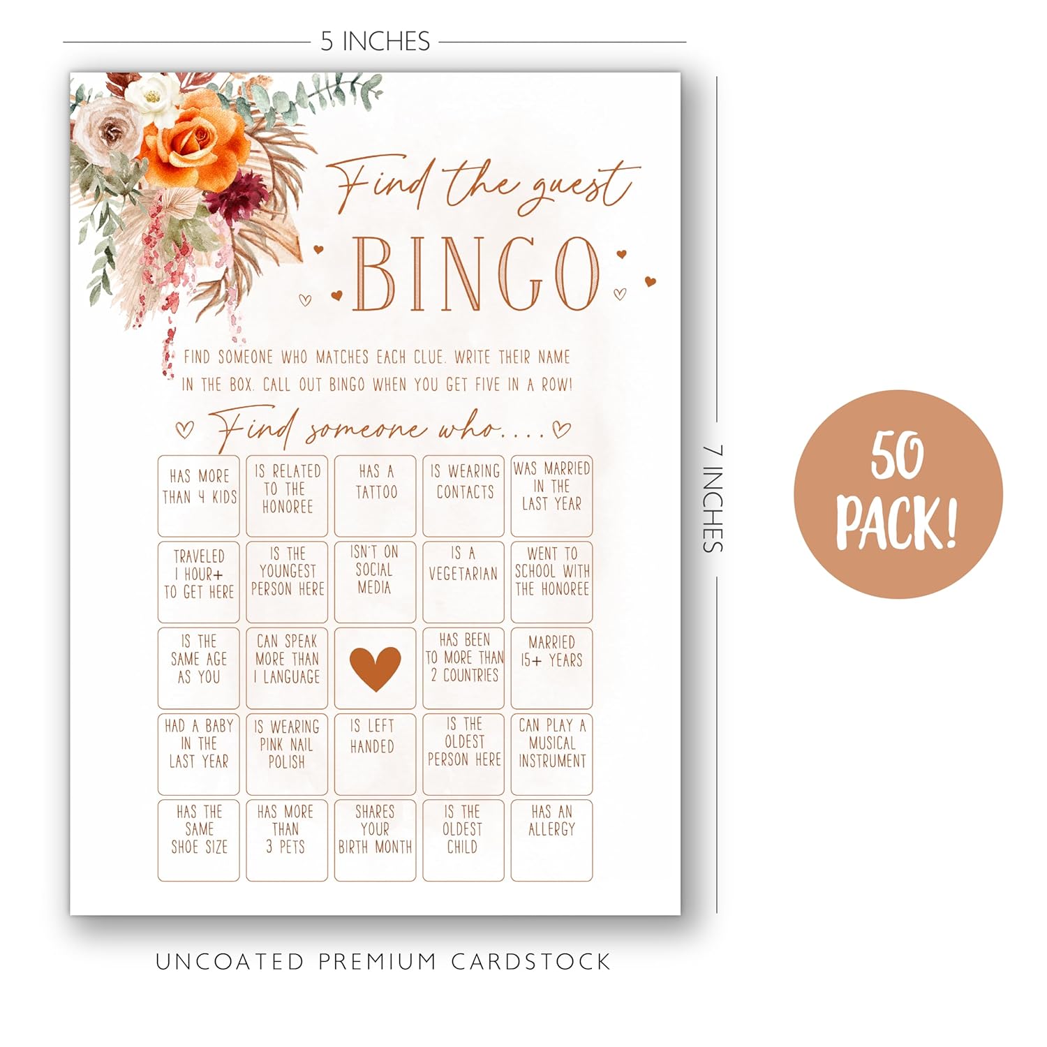 - Bridal Shower Wedding Games - Find The Guest Bingo, Orange And Terracotta Floral Design, Couples Games & Party Activity (50 Cards Pack)