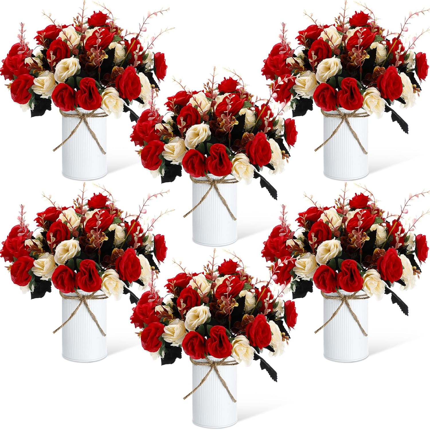 6 Sets Valentine'S Day Centerpiece For Table Artificial Rose With Vase Fake Bouquets And Metal Pot Floral Arrangements For Wedding Holiday Party Event Table Decor (Red)