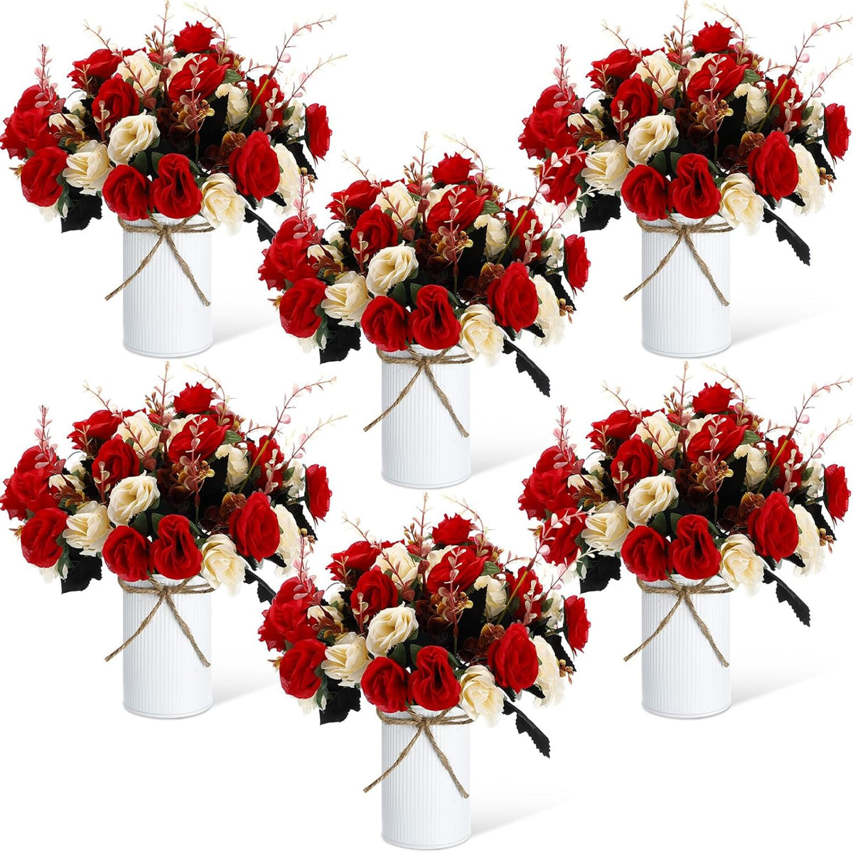 6 Sets Valentine'S Day Centerpiece For Table Artificial Rose With Vase Fake Bouquets And Metal Pot Floral Arrangements For Wedding Holiday Party Event Table Decor (Red)