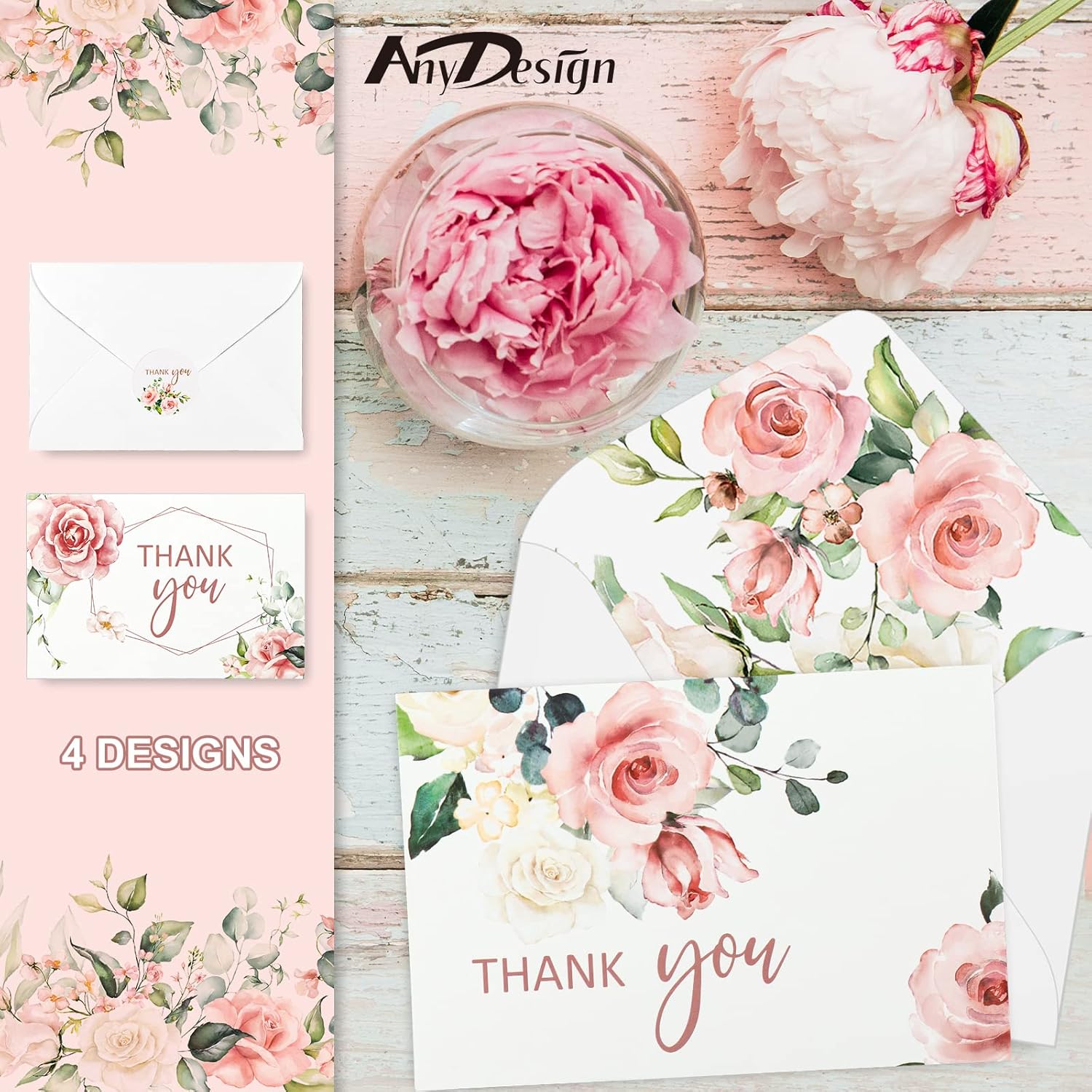 32 Pack Thank You Cards With Envelopes Stickers Blush Floral Blank Note Cards Bulk 4 Design Flower Thank You Greeting Cards For Wedding Baby Shower Bridal Shower And All Occasions, 4 X 6