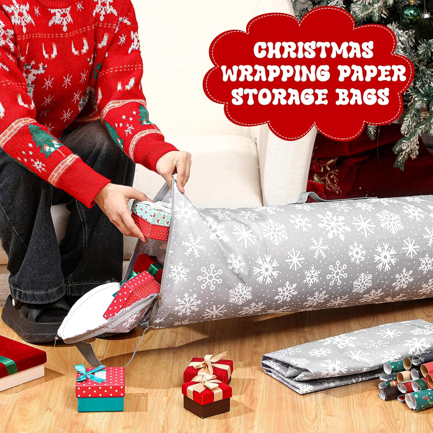 2 Pcs Christmas Wrapping Paper Storage Bags 40 Inch Snowflake Gift Wrapping Paper Organizer Storage Containers For Crafts Poster Tools, Christmas Wrap Holder, 600D Oxford