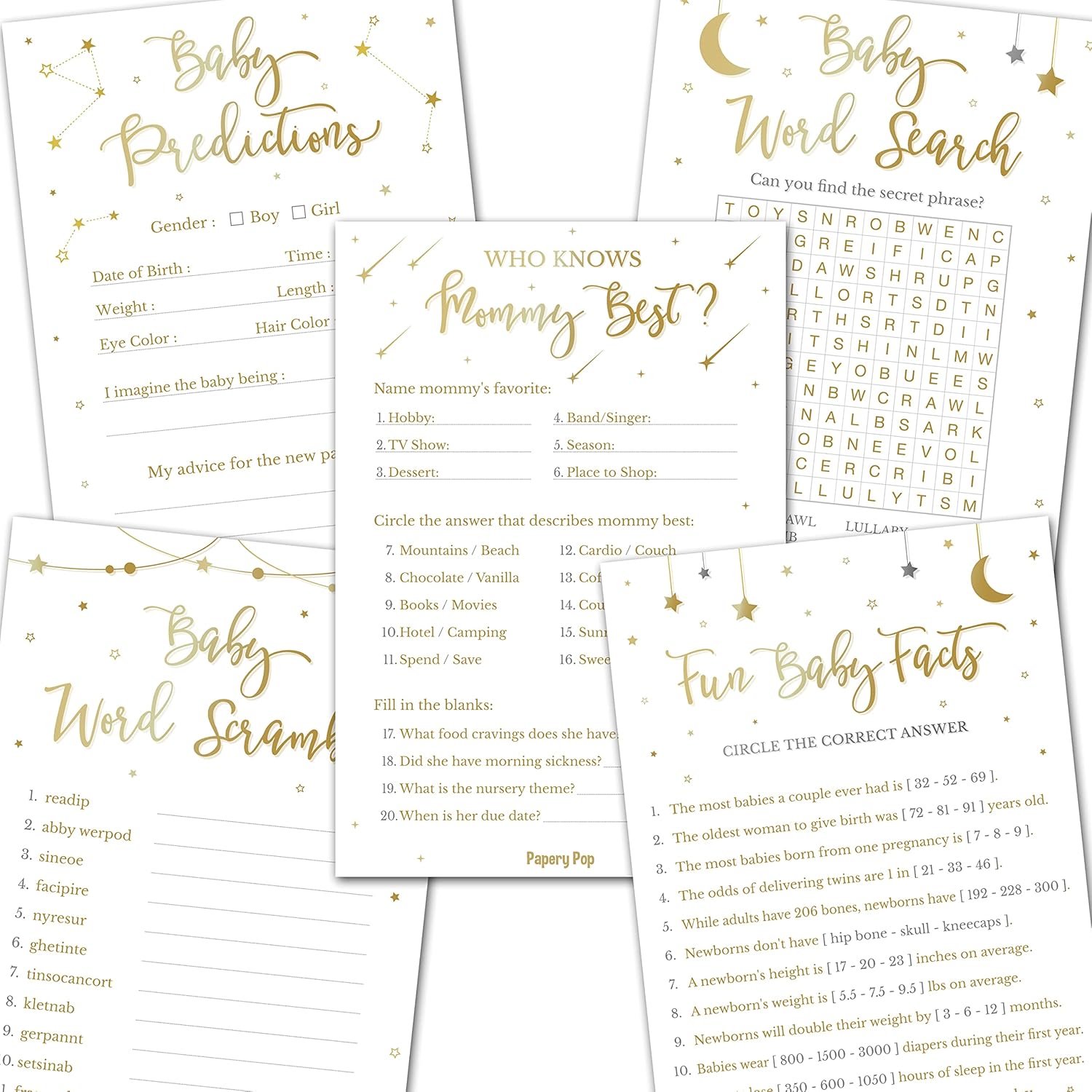 Baby Shower Games Or Gender Reveal Games - 5 Activities For 25 Guests - Double Sided - Gold Night Stars