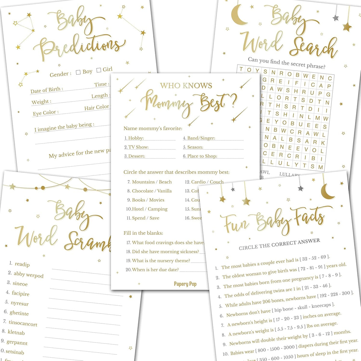 Baby Shower Games Or Gender Reveal Games - 5 Activities For 25 Guests - Double Sided - Gold Night Stars
