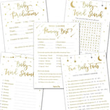 Baby Shower Games Or Gender Reveal Games - 5 Activities For 25 Guests - Double Sided - Gold Night Stars