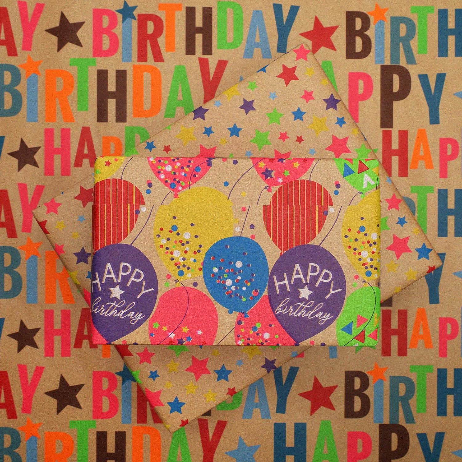 Kraft Birthday Wrapping Paper - 30 Inch X 10 Feet (3 Rolls: 75 Sq. Ft. Ttl.) - Balloons & Star Design Perfect For Birthday, Party, Baby Shower, Christmas, Gift Wrap